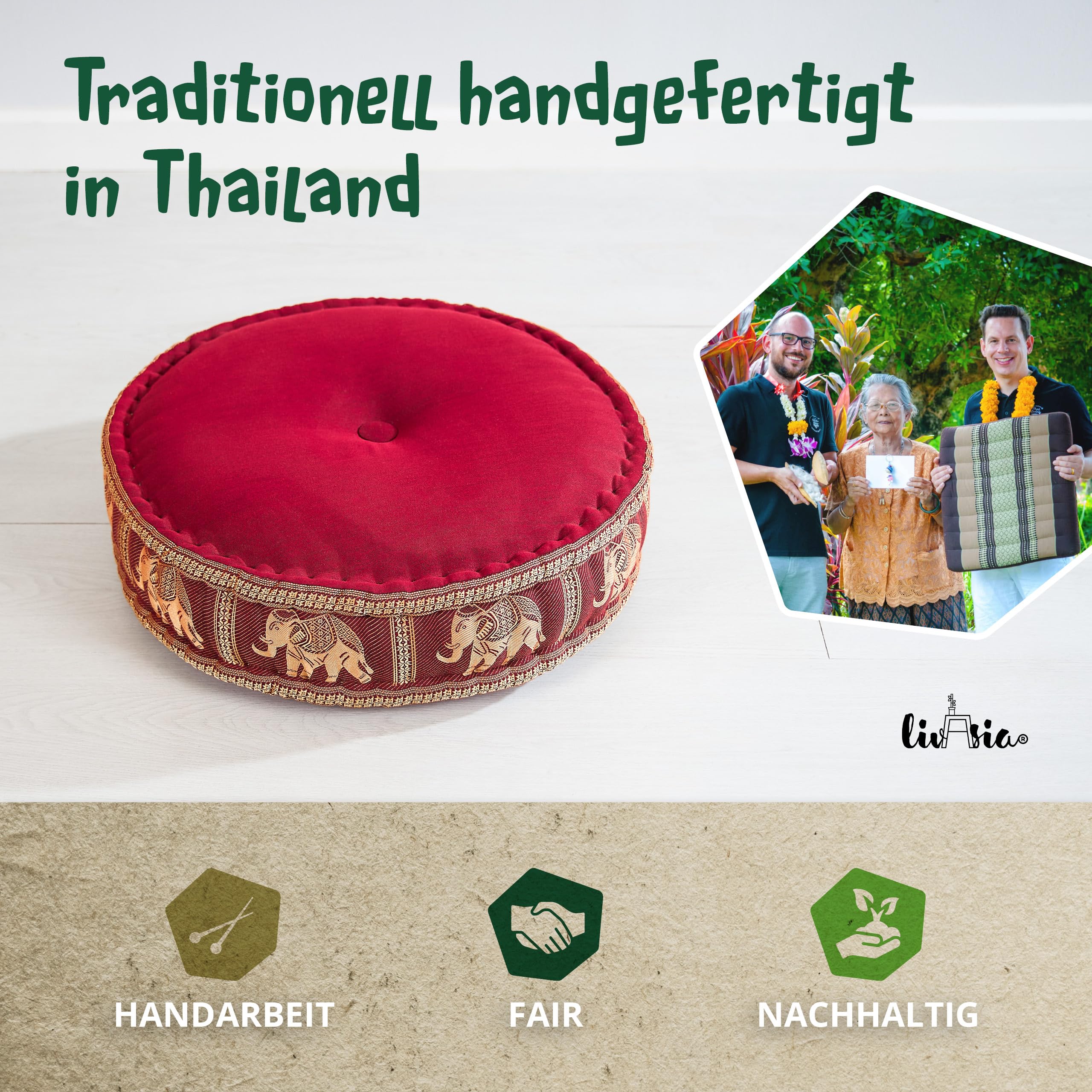 livasia Meditationskissen mit Thaiseide - Ø 45x15cm - Yogakissen mit Kapok, Pouf, Bodenkissen für Yoga und Zen Meditation, Sitzkissen für Garten und Balkon, Zafukissen (Rot/Elefanten Seide)