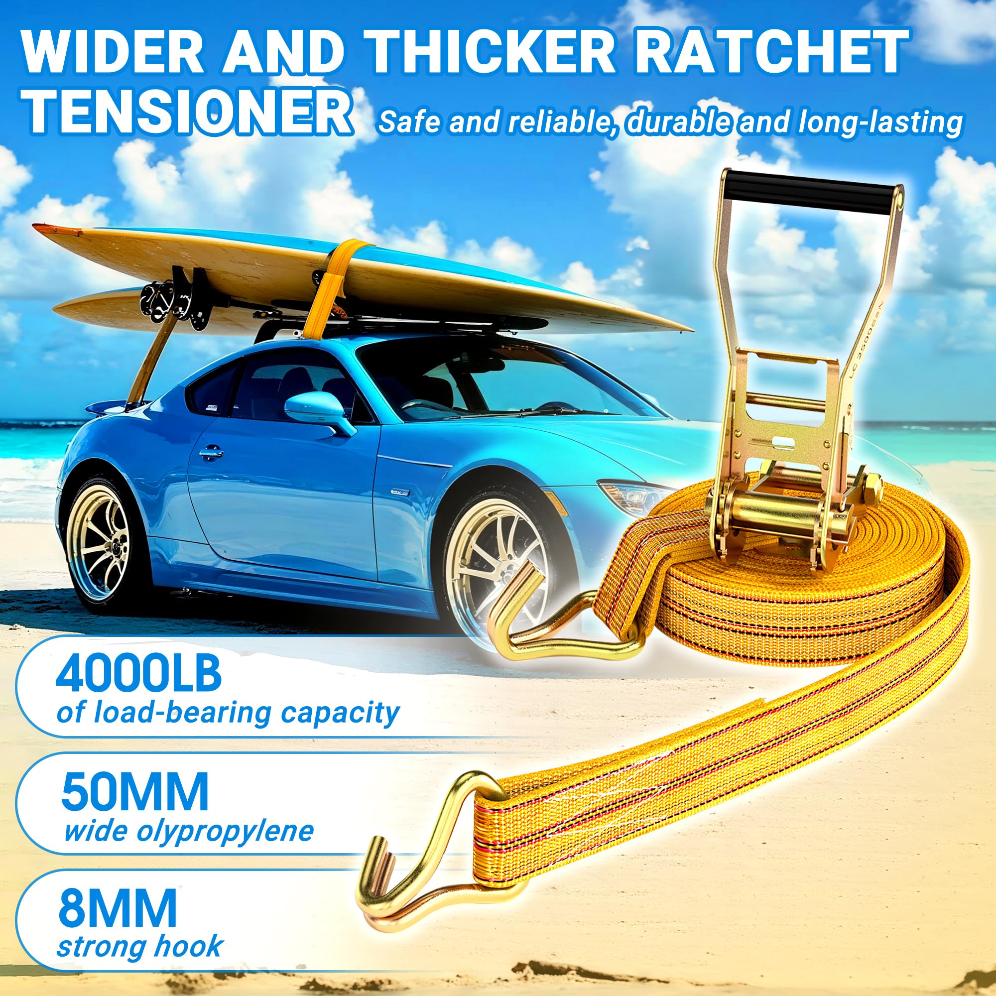 2 cinghie a cricchetto resistenti, 5,1 cm, 9,1 m, giallo, resistenza alla rottura, cricchetto con doppio gancio a J per traslochi, attrezzature da prato, bagagliaio auto e moto