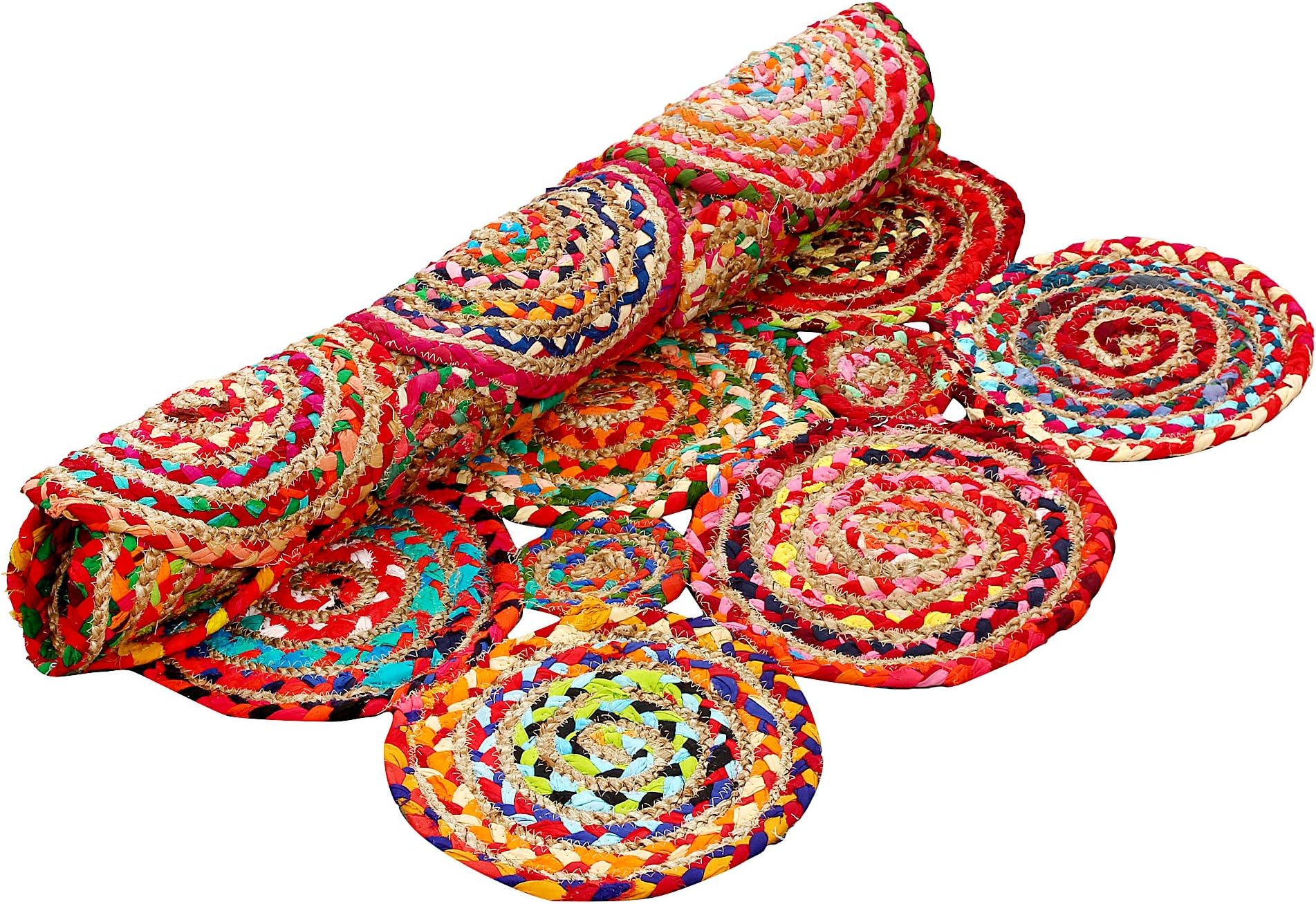 Aakriti Gallery Fair Trade Natural color Round patch with Rectangular shape Handmade Cotton and Jute Rug Chindi Rug Multi Colored Indian Mat Recycled Rug Boho Decorative Rug (90x60 cms)