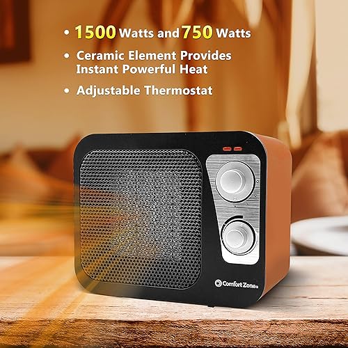 Miniatura 4 de Comfort Zone CZ470BBO - Calentador de cerámica de diseño retro de 7501,500 W, termostato ajustable, 2 ajustes de calor, protección contra