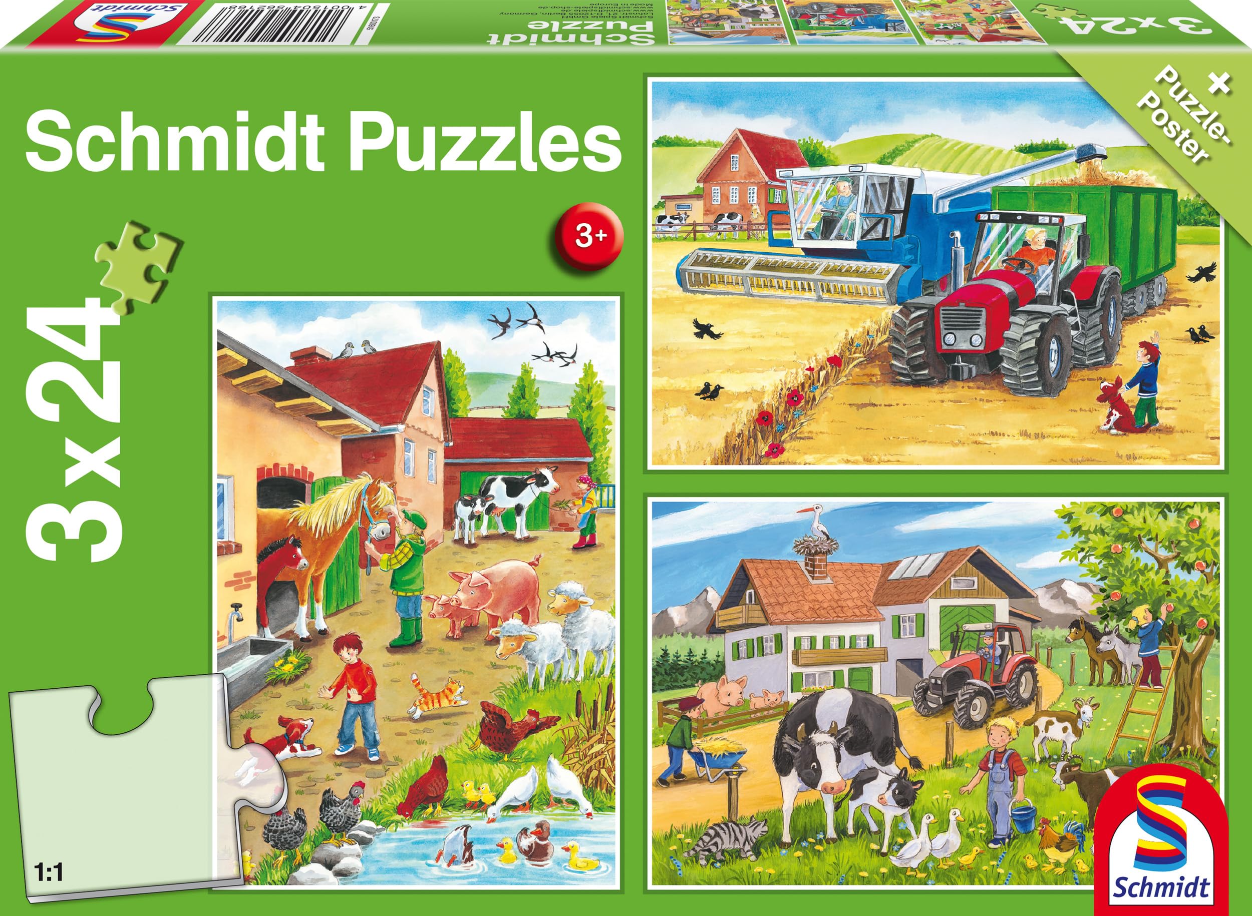 Schmidt Spiele- Puzzle alla Fattoria 3 x 24 Pezzi, Multicolore, 56216