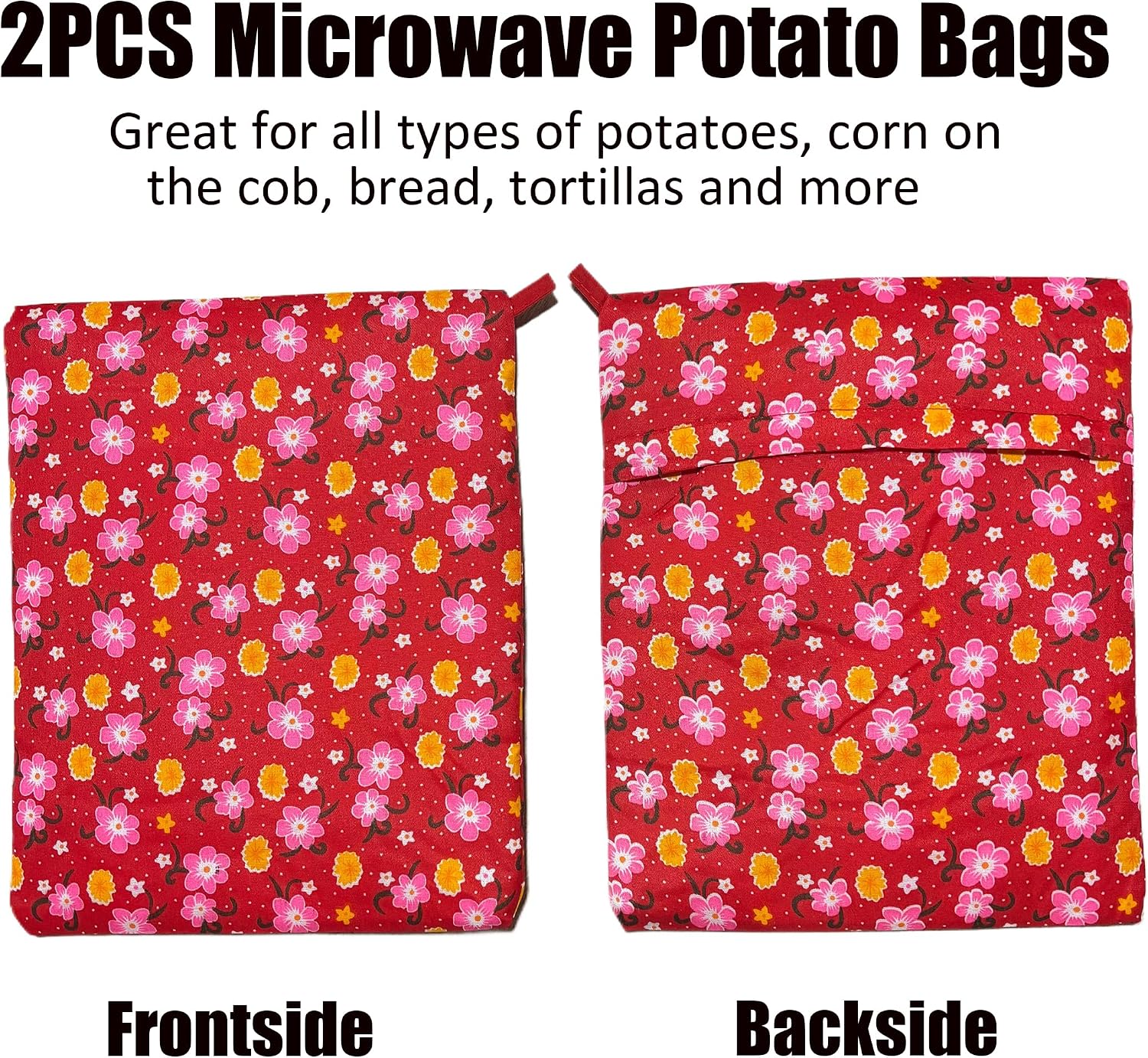 Microwave Potato Cooking Bags, Reusable Food Pouch for Potatoes and Corn, Red Floral Pattern, 2-Pack image 2