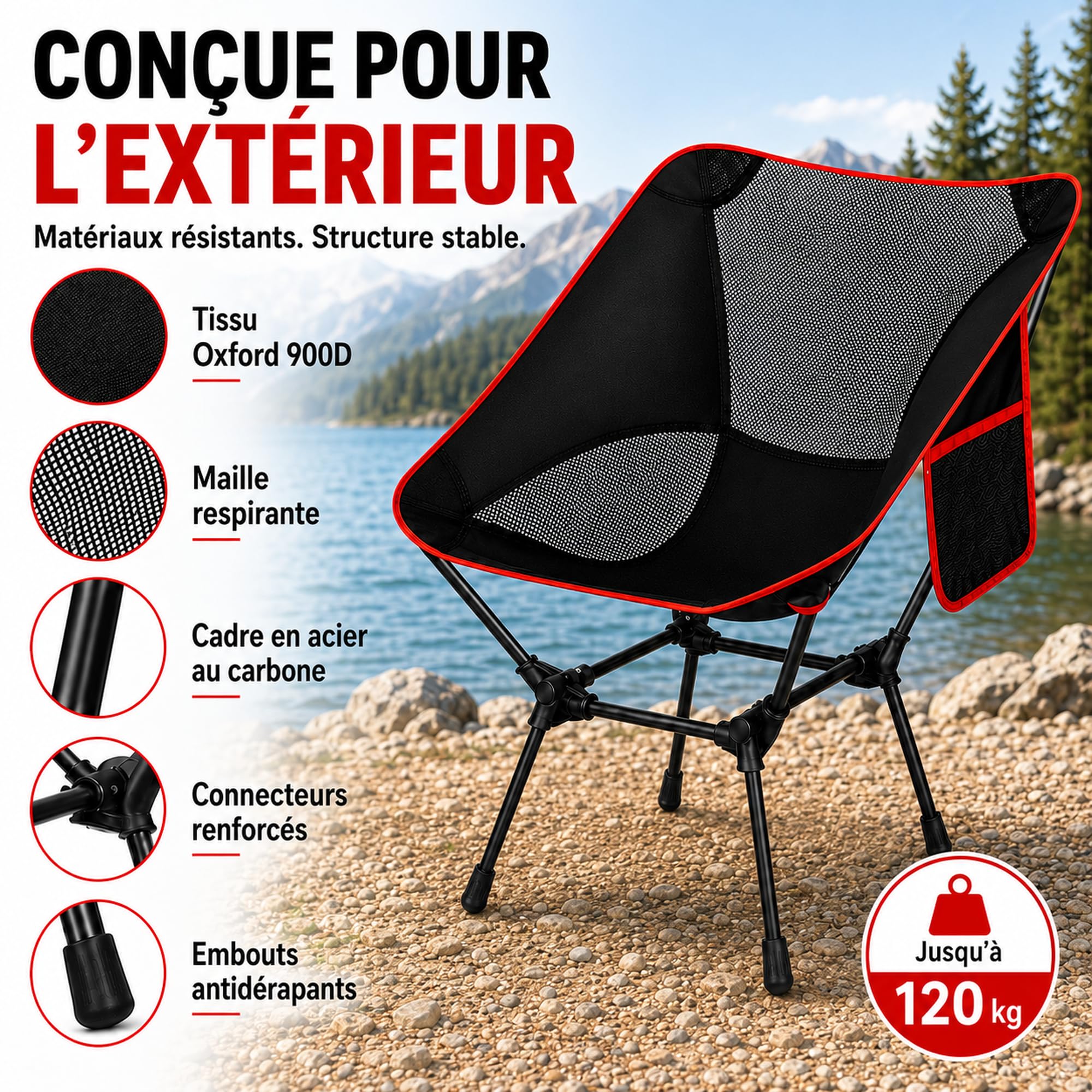 Chaise Pliante Camping, Chaise de Camping Pliable Jusqu’à 120 kg, Fauteuil Pliant Camping Léger avec Poche Latérale et Sac Inclus, pour Plage, Pêche, Jardin et Extérieur