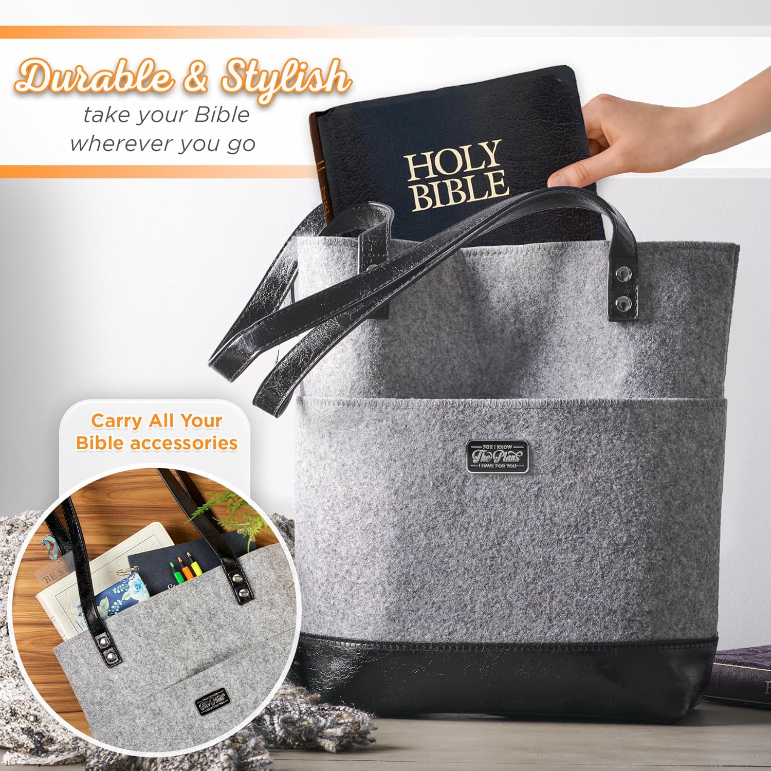 Christian Art Gifts Felt and Faux Leather Bible Tote for Women: Metal Jeremiah 29:11 Badge, Pockets and Magnetic Button Closure, Black and Gray, One Size Carry Bag for Books, Supplies and Shopping