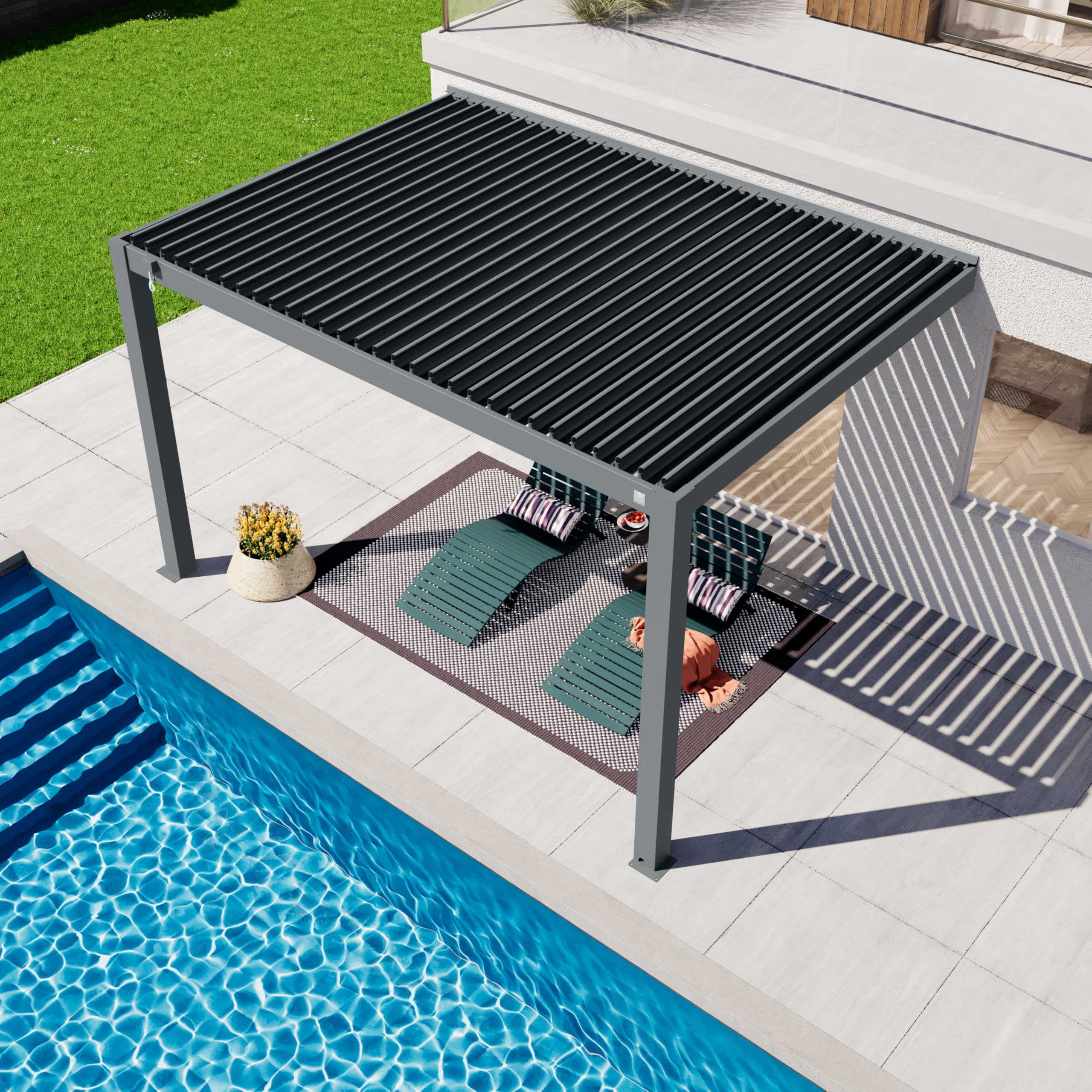 PRIMEYARD Pergola addossata 3x4 m montanti in alluminio con tetto a doghe in alluminio pergola a muro color antracite