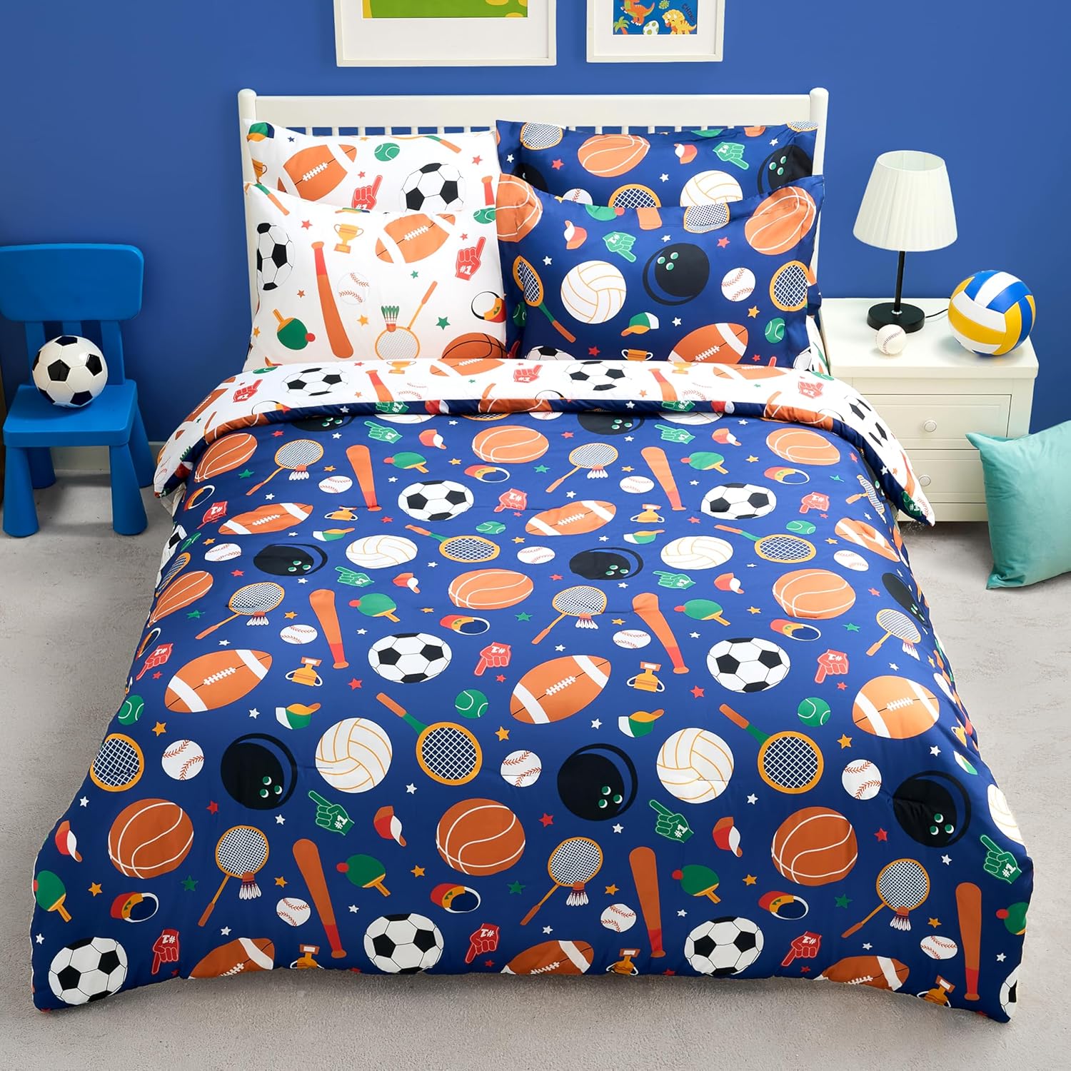 Joiedomi Kid Full Comforter Set 7 Piece Ball Sports Bedding Set for Boys Girls Super Soft Microfiber Bed in a Bag with Comforter Sheets Pillowcase Sham