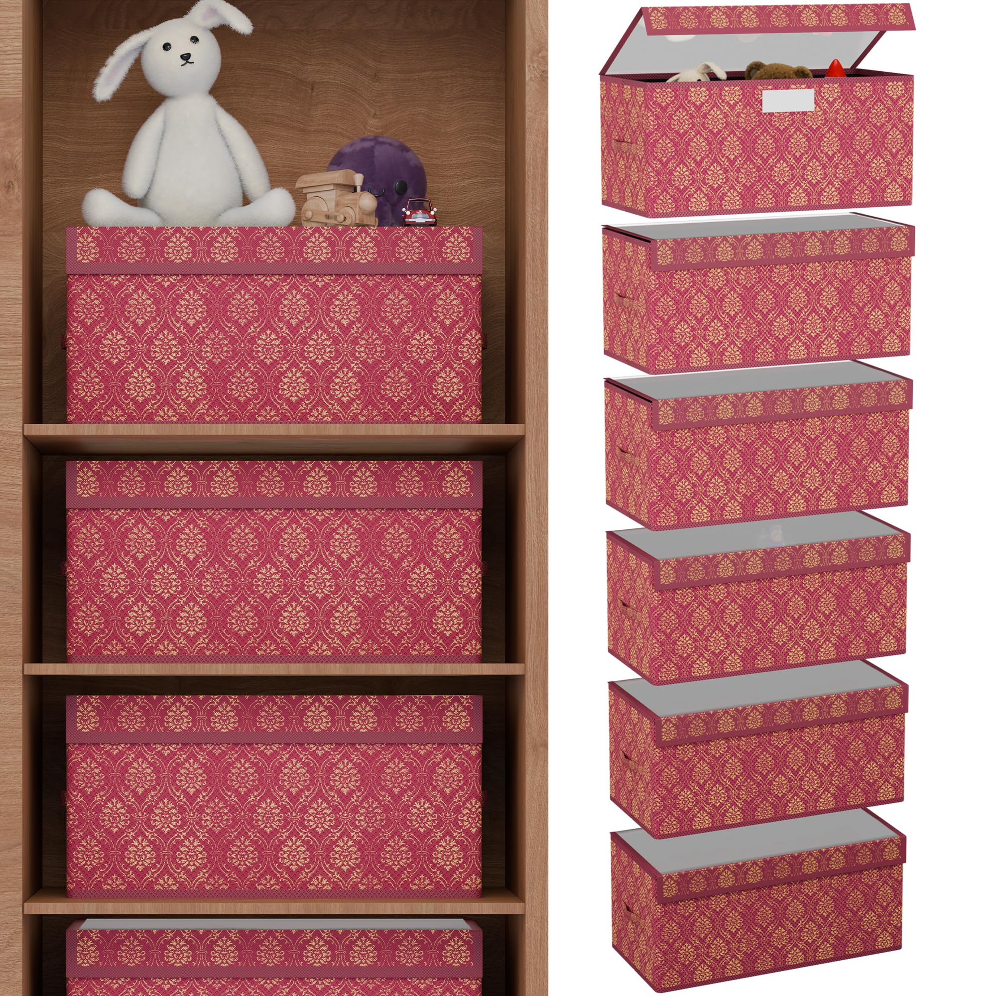 Kuber Industries 6 Pcs Storage Box with Transparent Lid | Closet Organizers for Toys & Book Storage | Foldable Almirah Dress Organizer | Cupboard/Wardrobe Organiser | Medium - Printed | Maroon