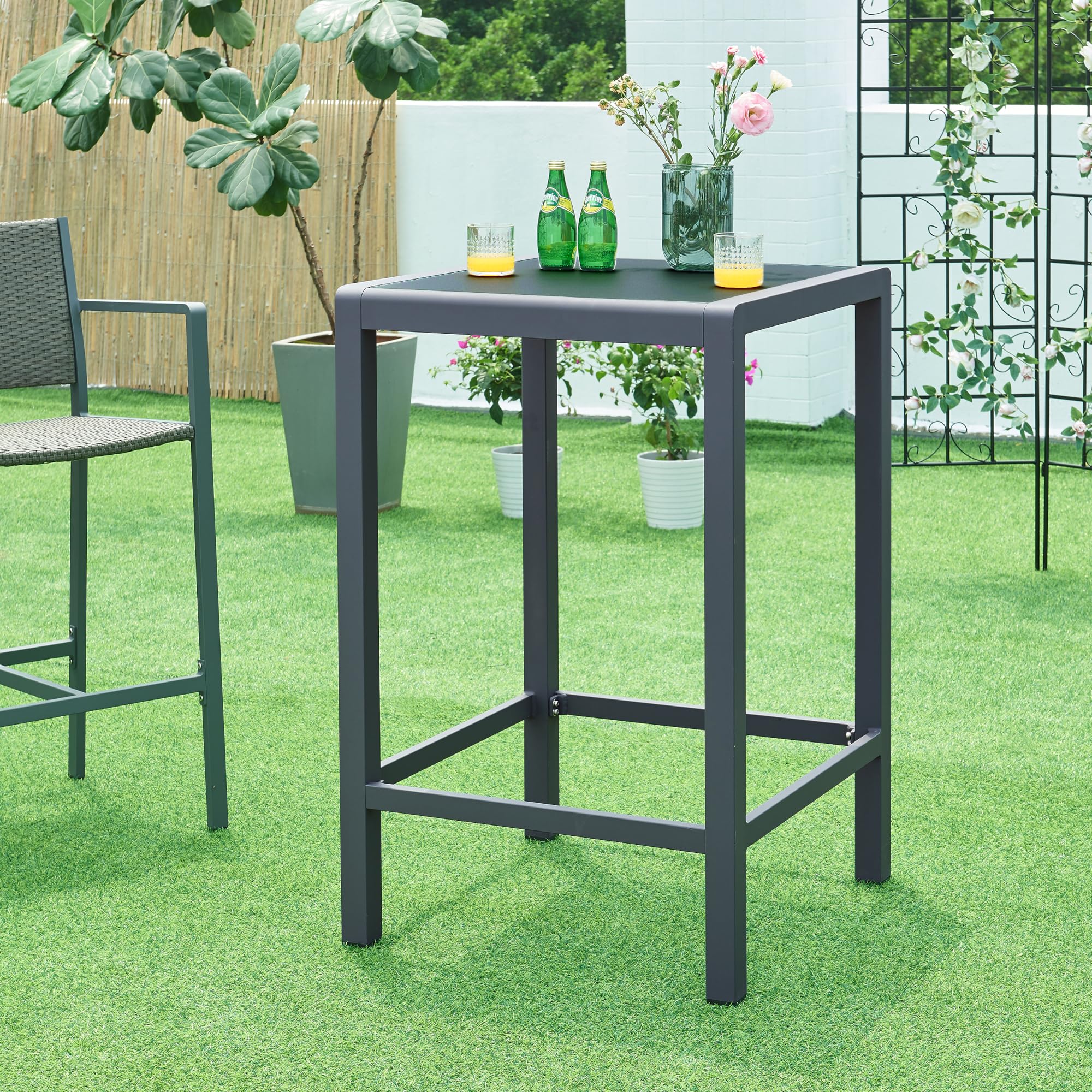 casa.pro Outdoor Bartisch Avise Garten Stehtisch mit Glasplatte Aluminium Bistrotisch wetterfest 108 x 70 x 70 cm Partytisch quadratisch Anthrazit
