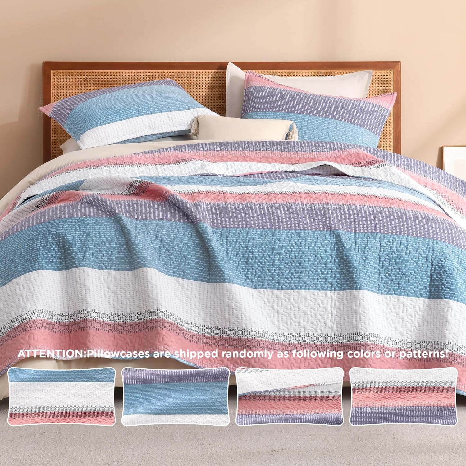 Litanika Twin Quilt Set Purple, Blue and White, 68x86 Stripe Bedspread Coverlet 2 Pieces, Pink Lightweight Quilted Bedding Set for All Season(Twin-1 Quilt, 1 Pillowcase)