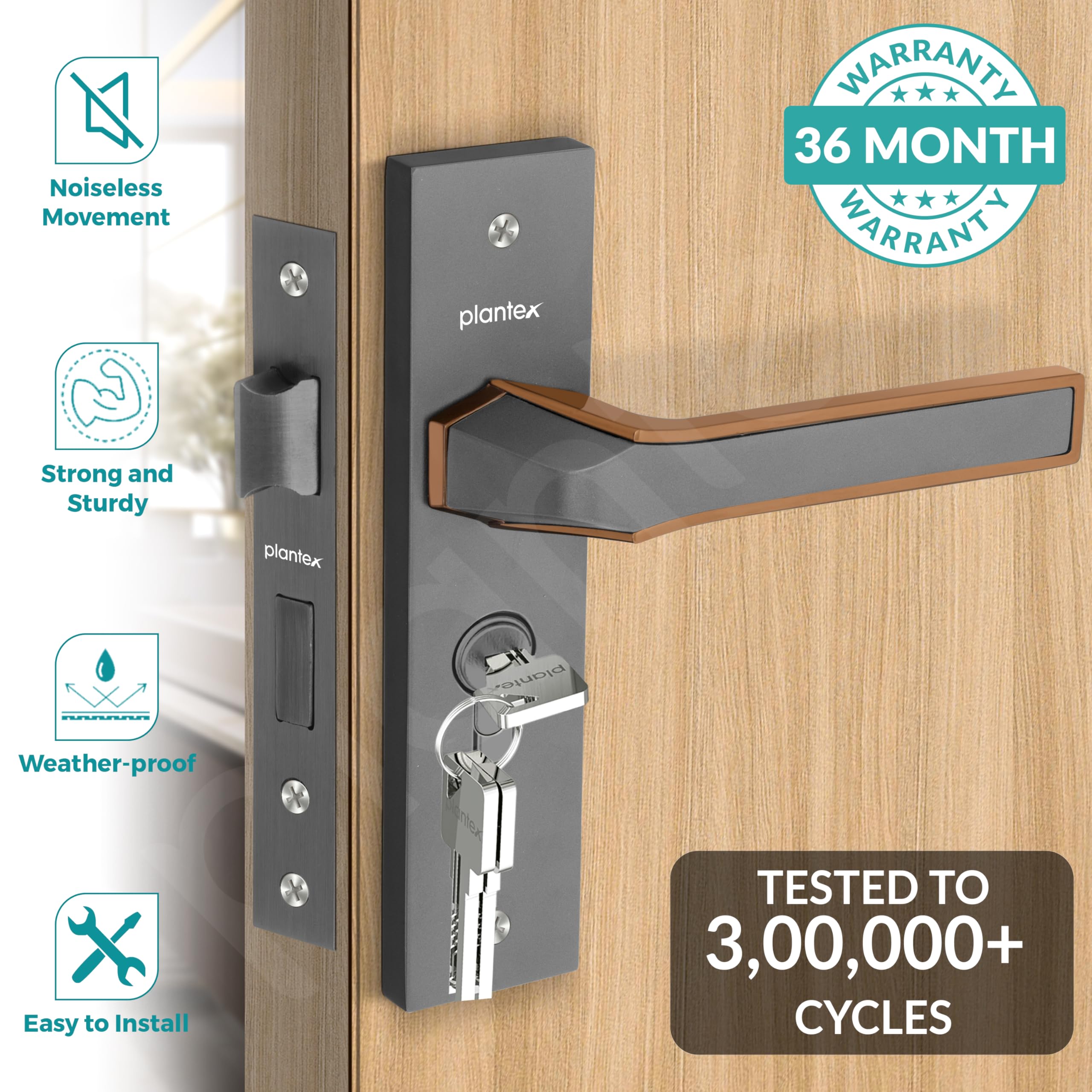 Plantex Heavy Duty Door Lock Set - Main Door Lock Handle Set/Mortise Locks with 3 Keys, Brass Body & Cylinder (8126 - Grey & PVD Choco) — Amazon image 2