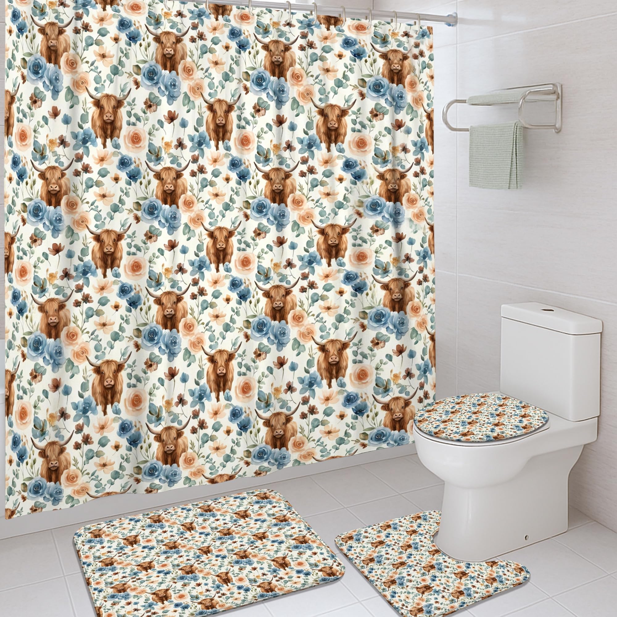 Rideau de douche textile déperlant 183x183 cm avec son tapis de bain coordonné