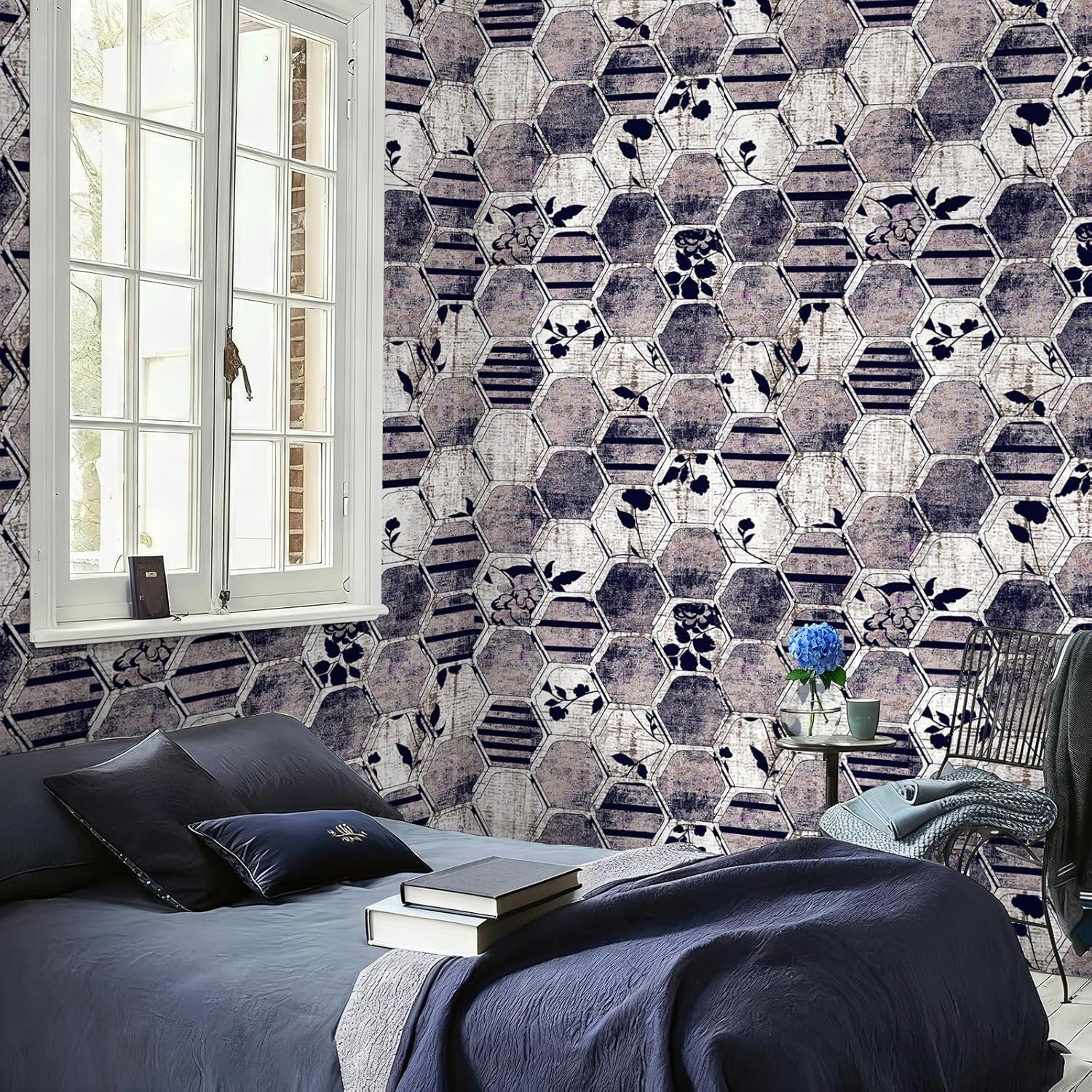 Peel and Stick Moody Vintage Wallpaper Removable Botanical Leaf Geometric Textured 17.7" x 236.22" Wall paper Watercolor Self Adhesive Contact Paper for Classroom Bedroom laundry room bathroom