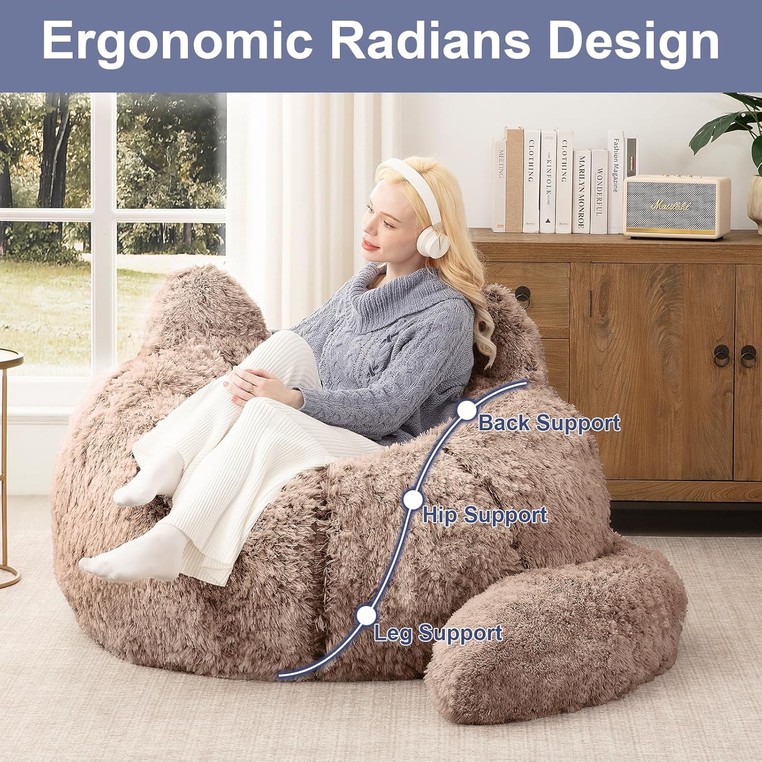 Bean Bag Chair for Adults Teens Giant Faux Fur Bean Bag Chairs with Filler Fluffy Plush Cat Shaped Beanbag Couch Comfy Accent Floor Sofa for Gaming, Reading in Living Room, Bedroom, Dorm