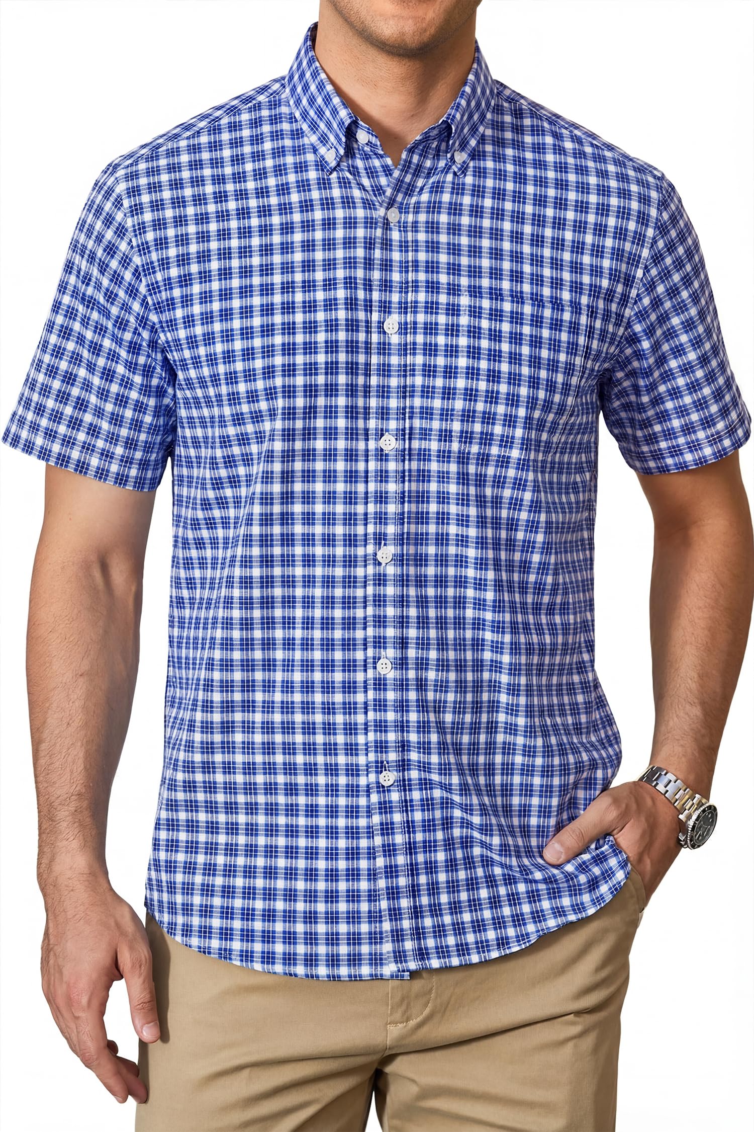 HISDERN Camisa Cuadros Hombre Manga Corta Camisas Verano Hombre Casual Clásica Botones Algodón con Bolsillo Regular Fit