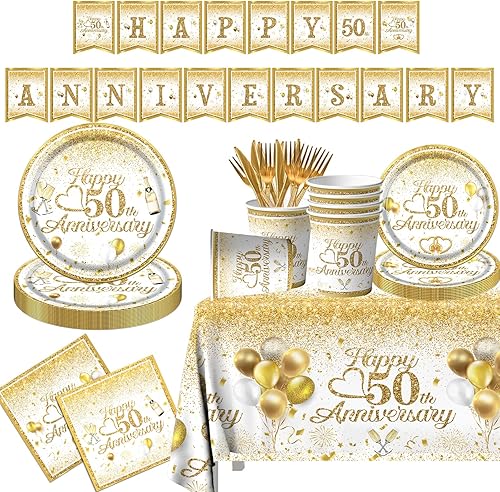 Dydamud Decoraciones de aniversario de boda, el juego de vajilla de feliz aniversario del 50 aniversario incluye platos y servilletas con purpurina
