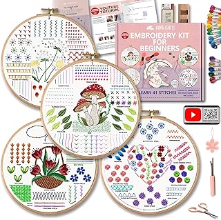 Moni Crafts - 4 Sets Starter Embroidery Kit for Beginners Adults and Kids - Learn 41 Stitches with Simple Flower, Mushroom, Floral, Heart DIY Stamped Patterns - Hand Embroidery Kit - Cross Stitch Kit - Buy now