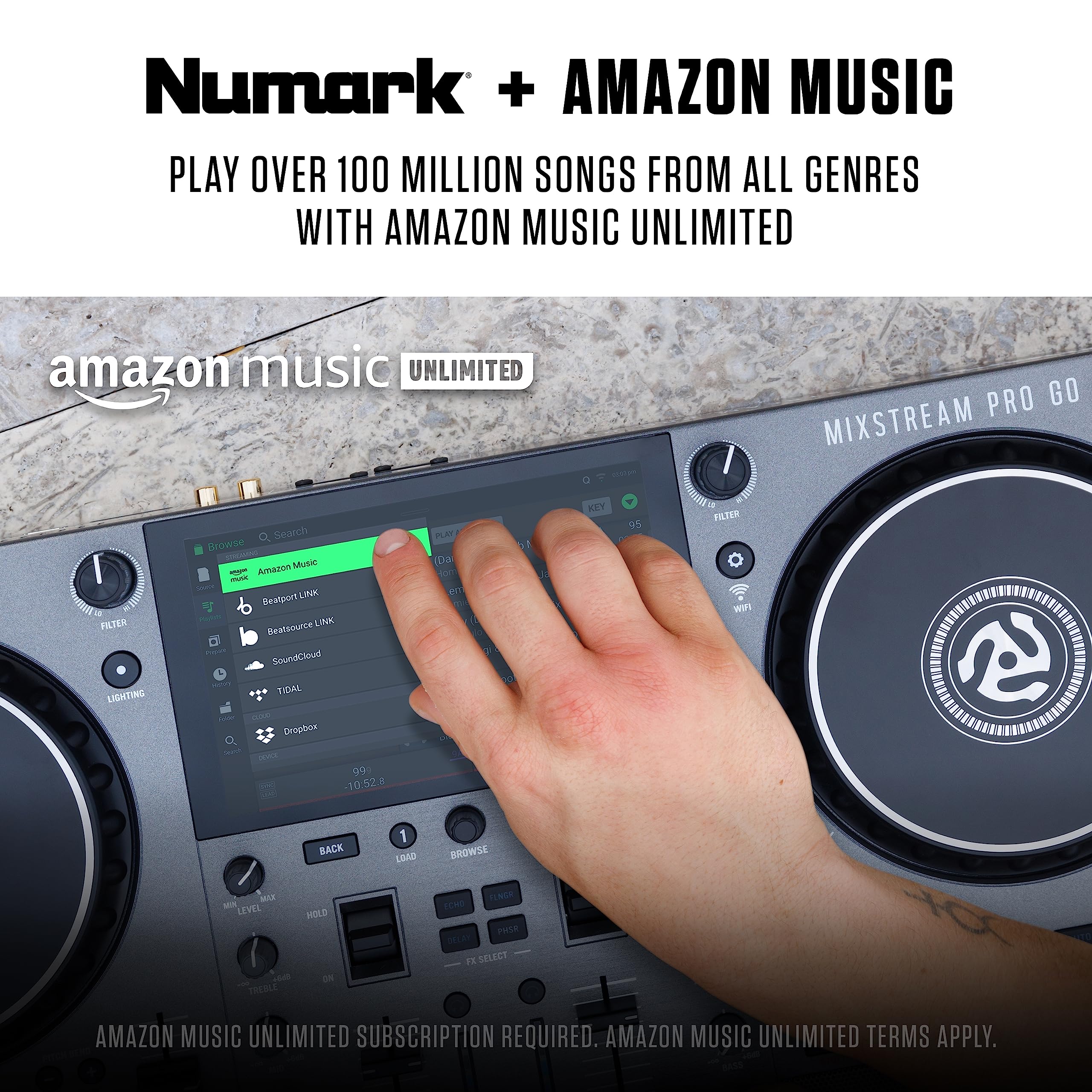 Numark Mixstream Pro Go Controller DJ z mixerem, separacją stem, głośnikami, Wi-Fi, ekranem dotykowym, kompatybilny z Serato DJ