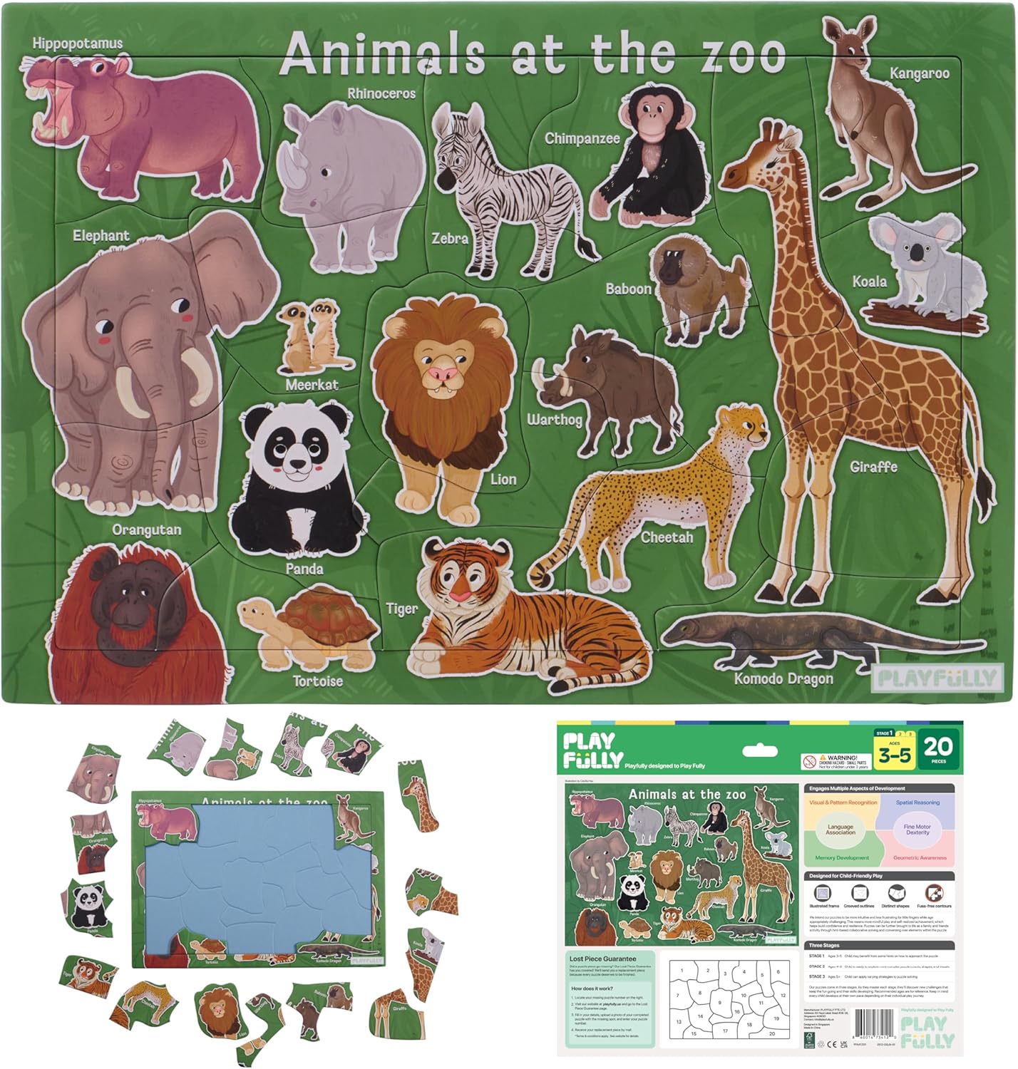 ‘Animals at the Zoo’ 20 Piece Puzzle with Frame for Kids Ages 3-5 | Lost Piece Guarantee | Unique Shapes | Child-Centric Design | Educational Toy for Cognitive Development, STEM, Fine Motor