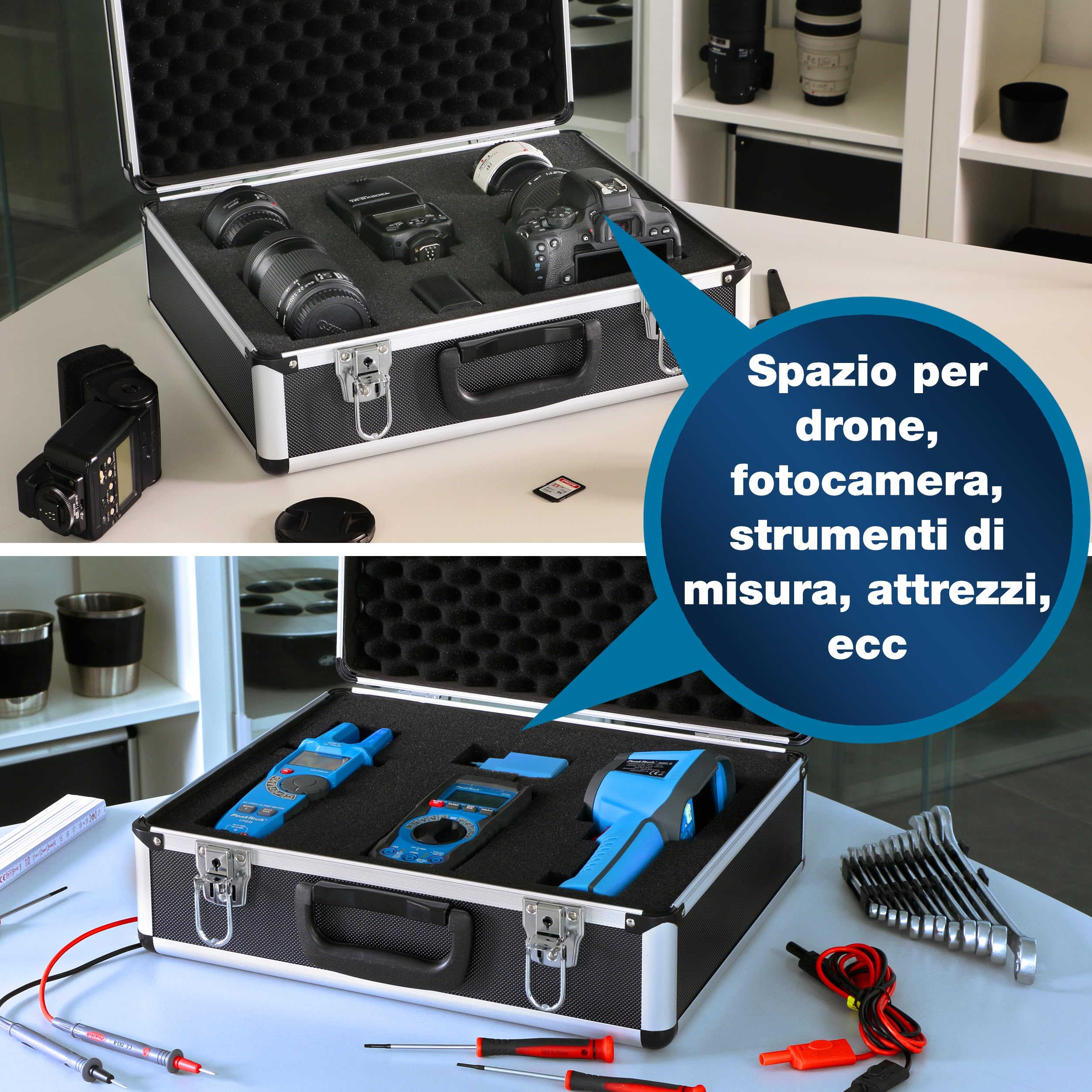 PeakTech 7305 - Custodia universale per strumenti di misura, Custodia in alluminio resistente, Vano porta attrezzi, Imbottitura in schiuma, Con lucchetto, Antipolvere, L - 405 x 330 x 150 mm