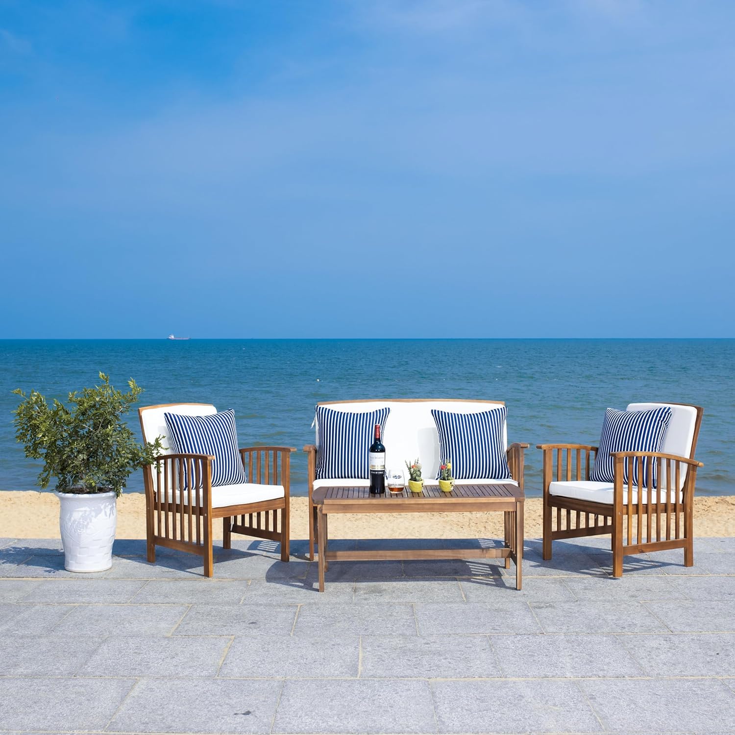 SAFAVIEH Outdoor Collection Rocklin Natural/ Beige Cushions/ Thin Stripe Pillows 4-Piece Conversation Patio Set