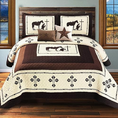 Miniatura 5 de Western Peak Juego de 5 piezas de colchas con alambre de púas estilo occidental, cruz de Texas, diseño de cabaña, fundas para almohadas, edredón