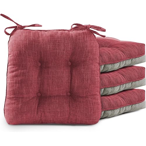 UNIKOME Chair Cushions Set of 4 - Tufted Non Slip Memory Foam Seat Cushions with Ties, Ergonomic Pain Relief Chair Pads for Office Chair, Car Seat, Dining Chair, 15.5" x 15.5" x 4", Wine