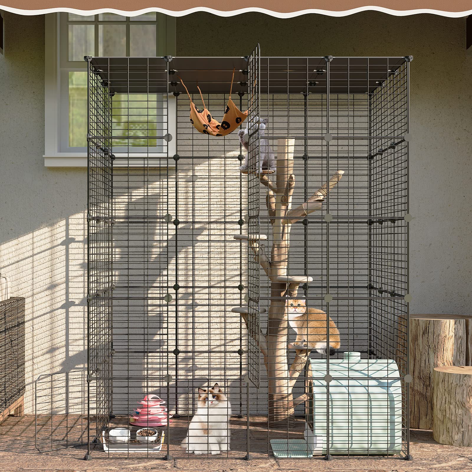 Oneluck Outdoor Cat House Cages Enclosure with Super Large Enter Door, 55L x 41W x69H Balcony Playpen with Platforms, DIY Kennels Crate Large Exercise Place Ideal for 1-3 Cats (Without Platform)