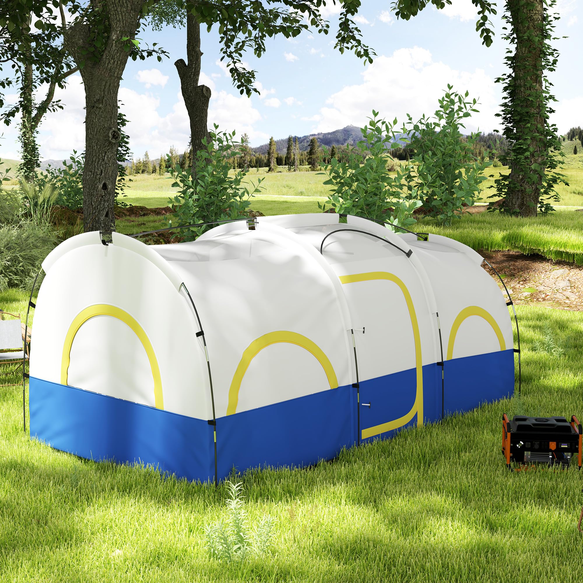 Outsunny Tunnelzelt, Campingzelt für 4 Personen mit 3 Raum, UV Schutz, Meshfenster, Winddichte Familienzelt mit Tragetasche, 3000mm Wasserabweisend groß Gruppenzelt für Garten, Camping, Blau