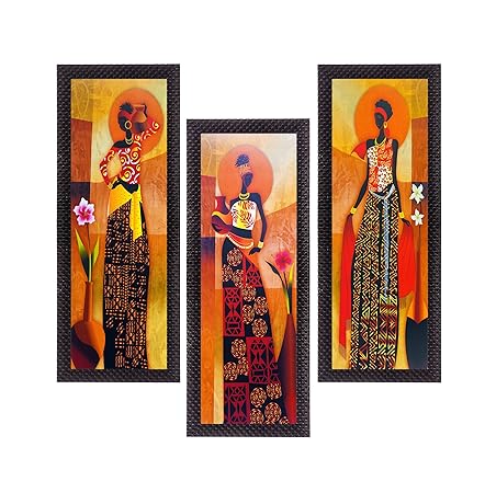 eCraftIndia Set of 3 Tribal Village Ladies Satin Matt Texture UV Art Painting