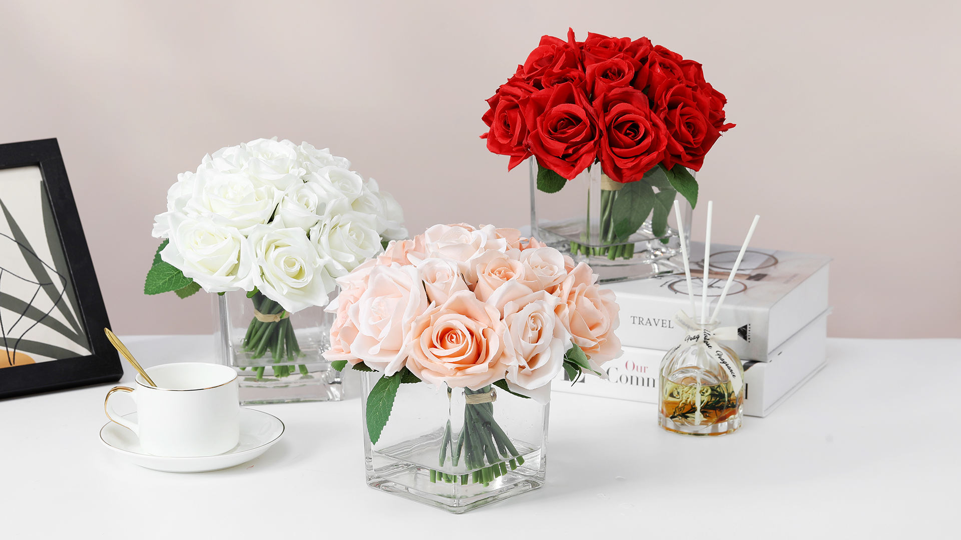 Amazon.com: rubystory 18 Heads Rose Faux Flowers in Vase