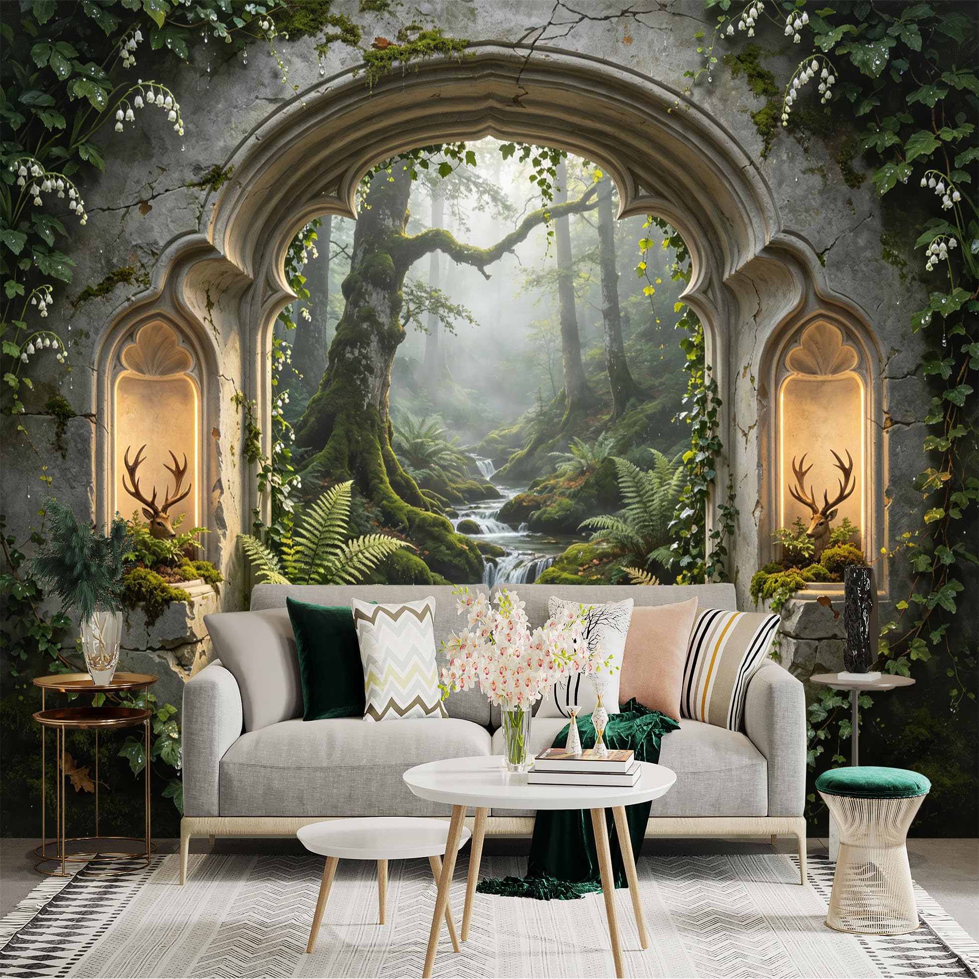 Custom Size Wall Sticker Mural， Enchanted Forest Window View with Waterfall and Mossy Trees， for wall Decoration， peelandstick wall Decals.