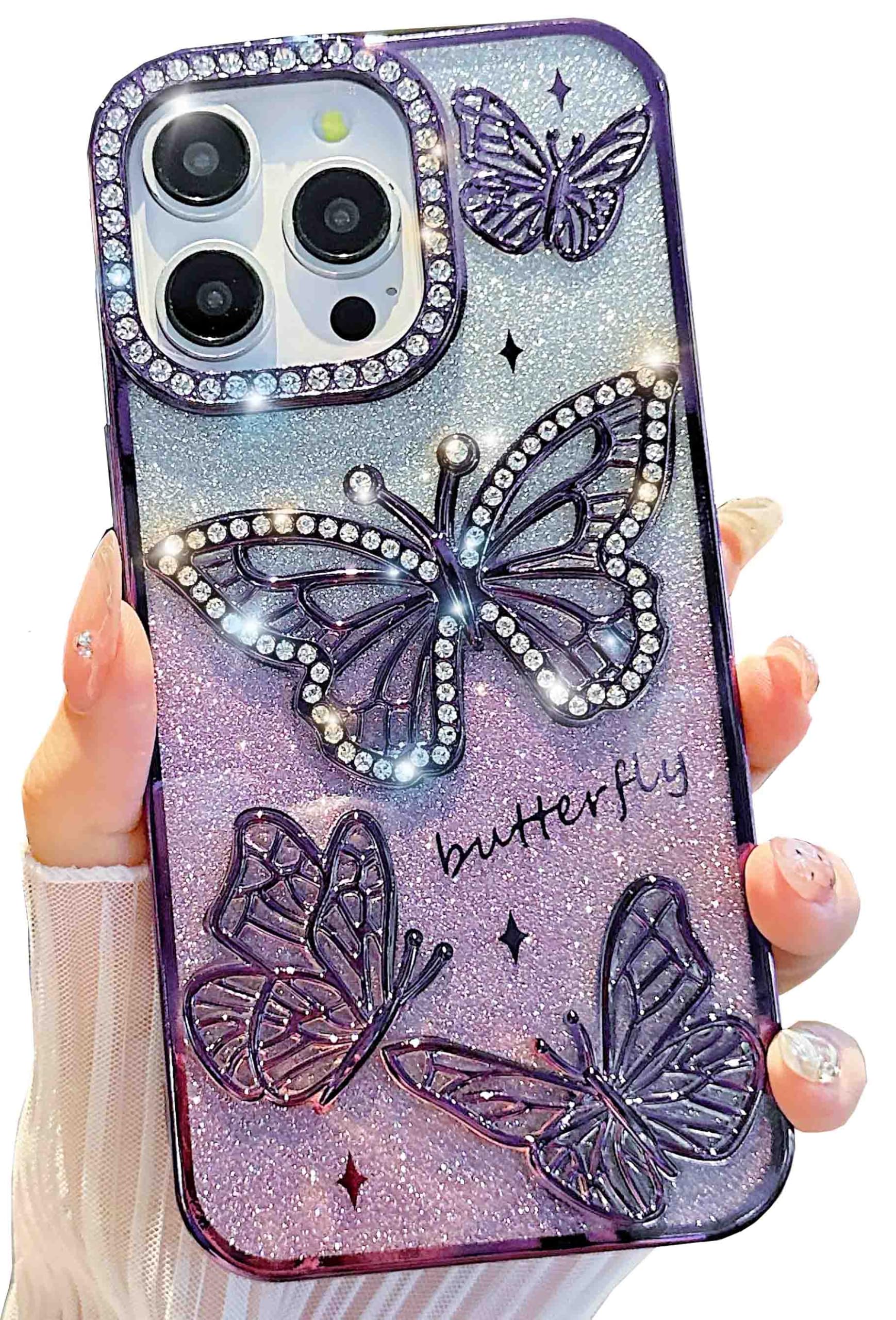 TETAW Girly Designed for iPhone 14 Pro Max Bling Case 6.7",Cute Diamond 3D Glitter Butterfly Plated Slim Case Luxury Shockproof Protection Cover for