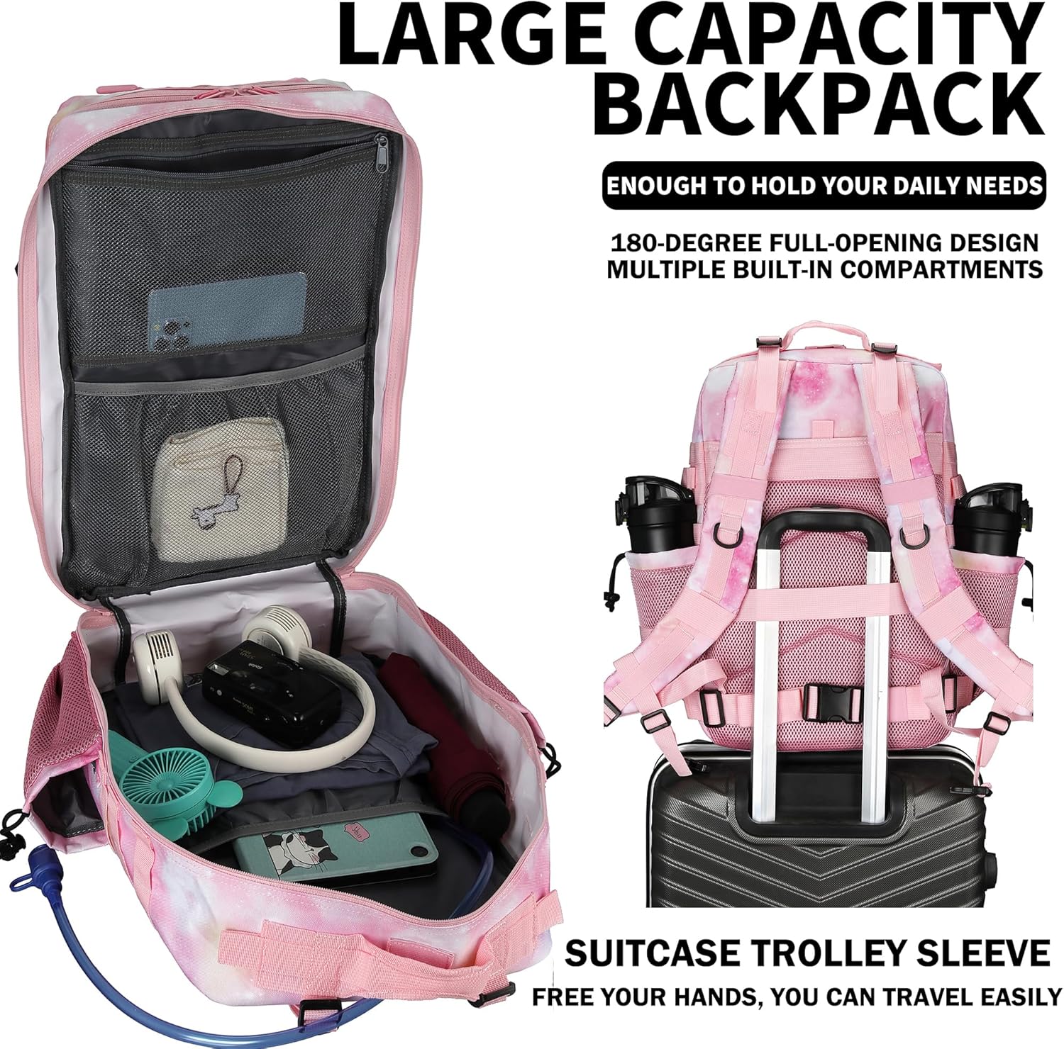 Military Tactical Backpack 45L/25L 3 Day Assault Pack Molle Daypack Hiking Backpack for Men and Women (Pink StarrySky, 45L) - Image 5