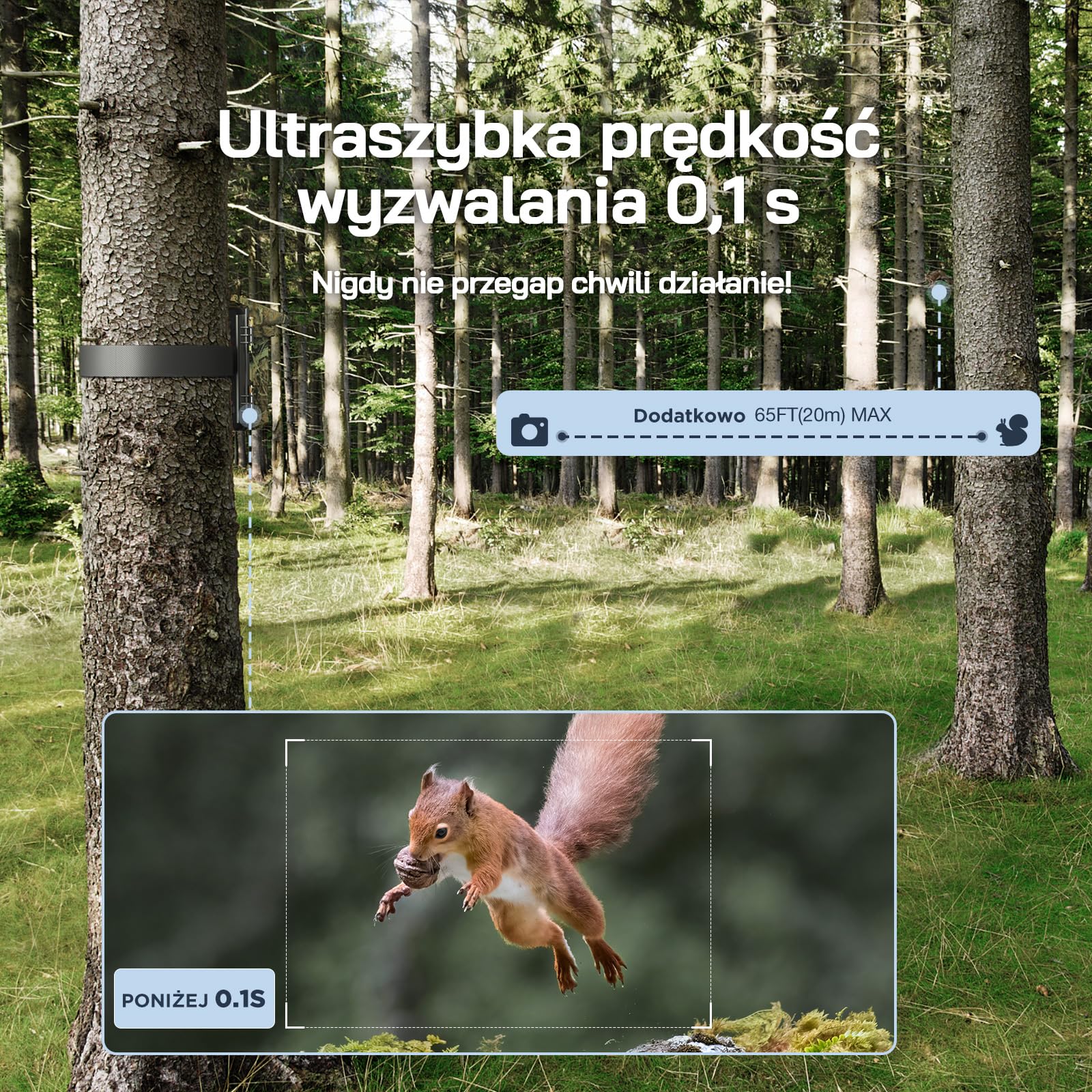 WOLFANG Kamera przyrodnicza WiFi Bluetooth – 4K 68 MP kamera solarna z aktywowanym noktowizorem, kamera do gier o czasie wyzwalania 0,1 s, wbudowana bateria litowa 5200 mAh do monitorowania dzikiej