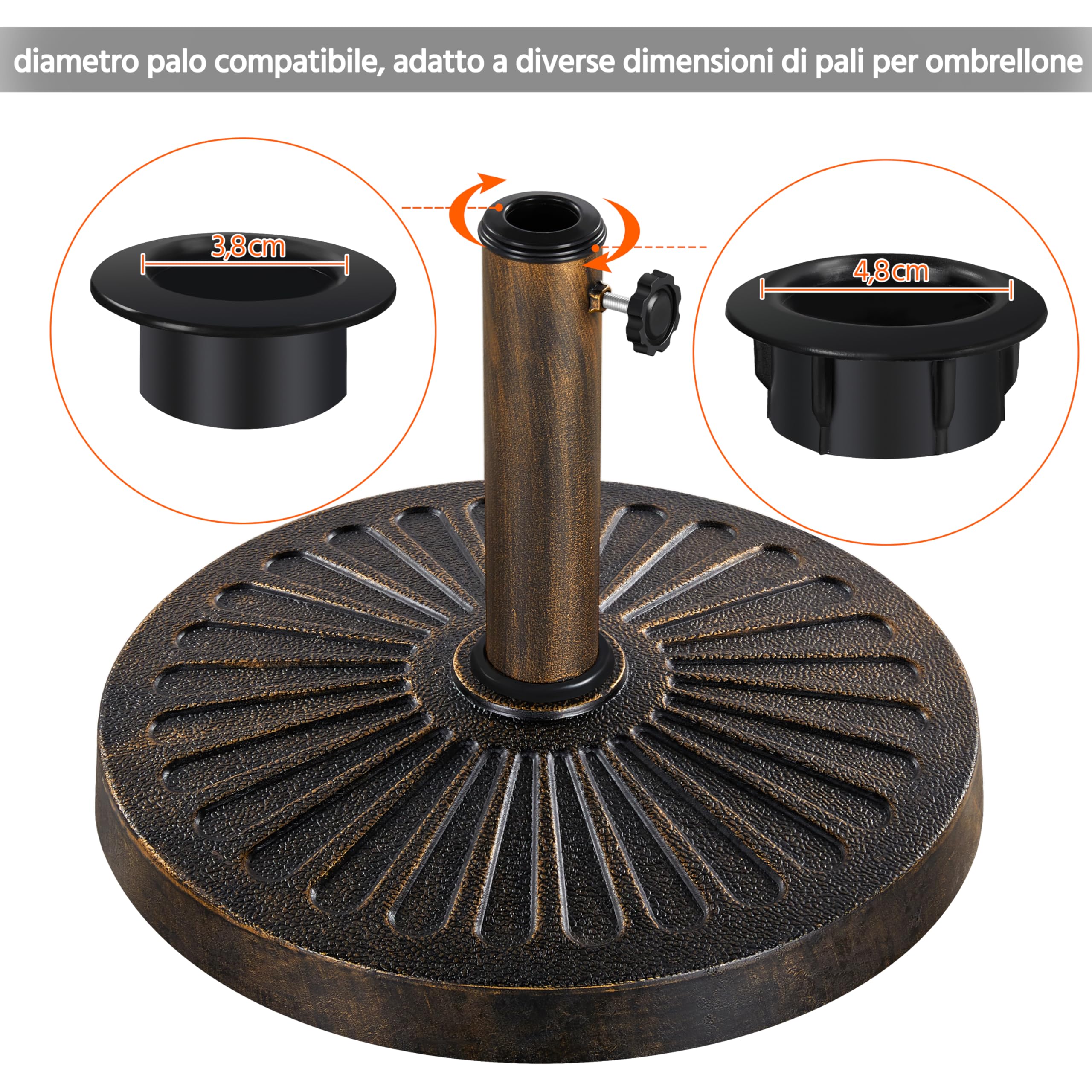 Yaheetech Base per Ombrellone da Giardino in Resina e Metallo Supporto 12 kg per Pali da Ø38mm o Ø48mm con Manopola per Esterno Veranda Terrazza Piscina Spiaggia Patio, Bronzo