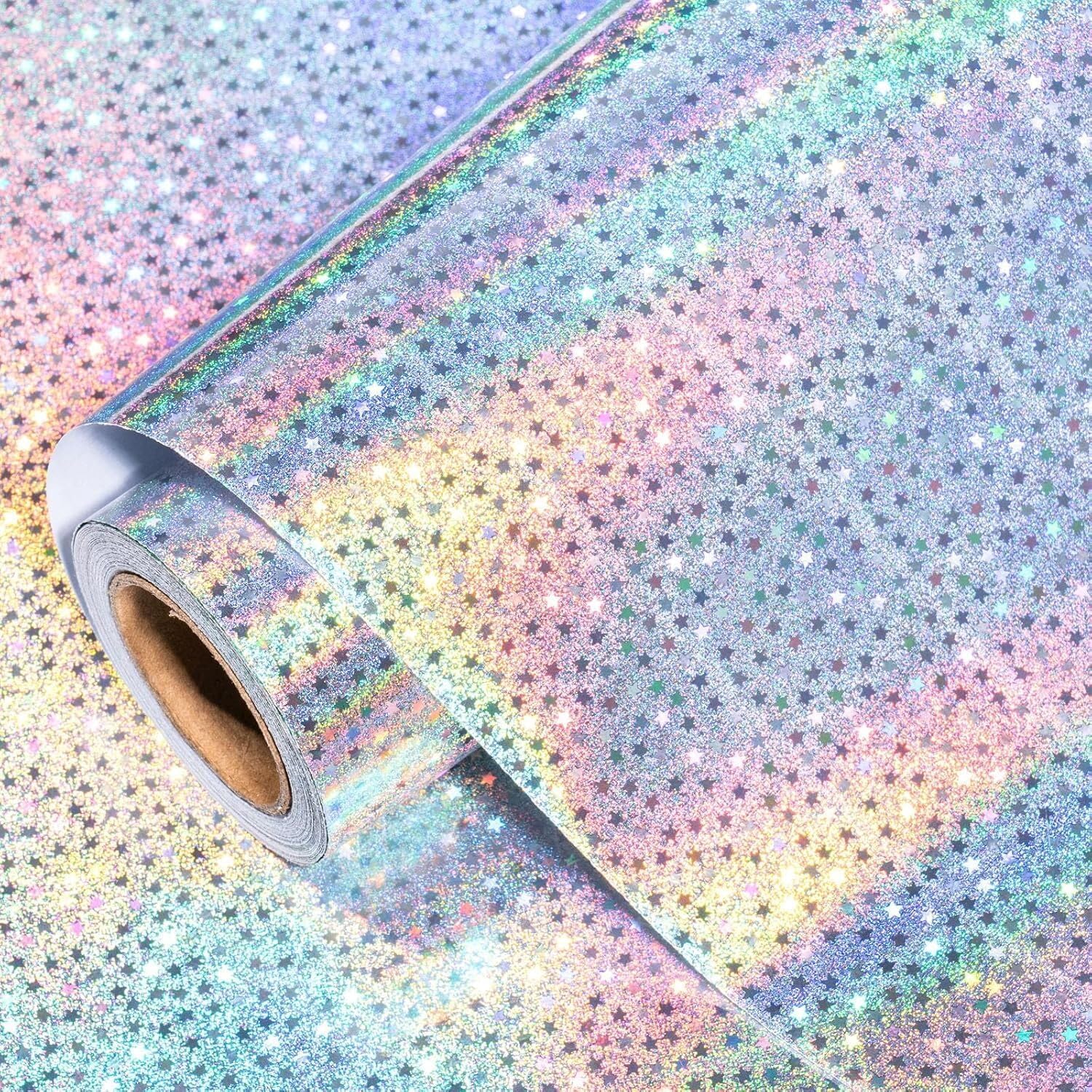 RUSPEPA Silver Holographic Wrapping Paper - Mini Roll - Star Print for Birthday, Wedding, Engagement - 43.2cm x 5m — image 1