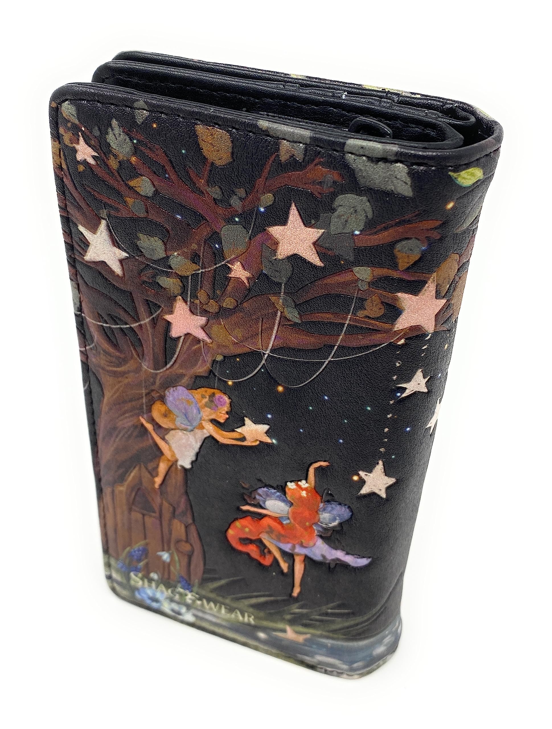 Shag Wear Fairy Forest Große Damengeldbörse, veganes Kunstleder Bifold mit Kartenfächern, Geldscheinfächern und sicherem Schnappverschluss in Schwarz 17,8 cm