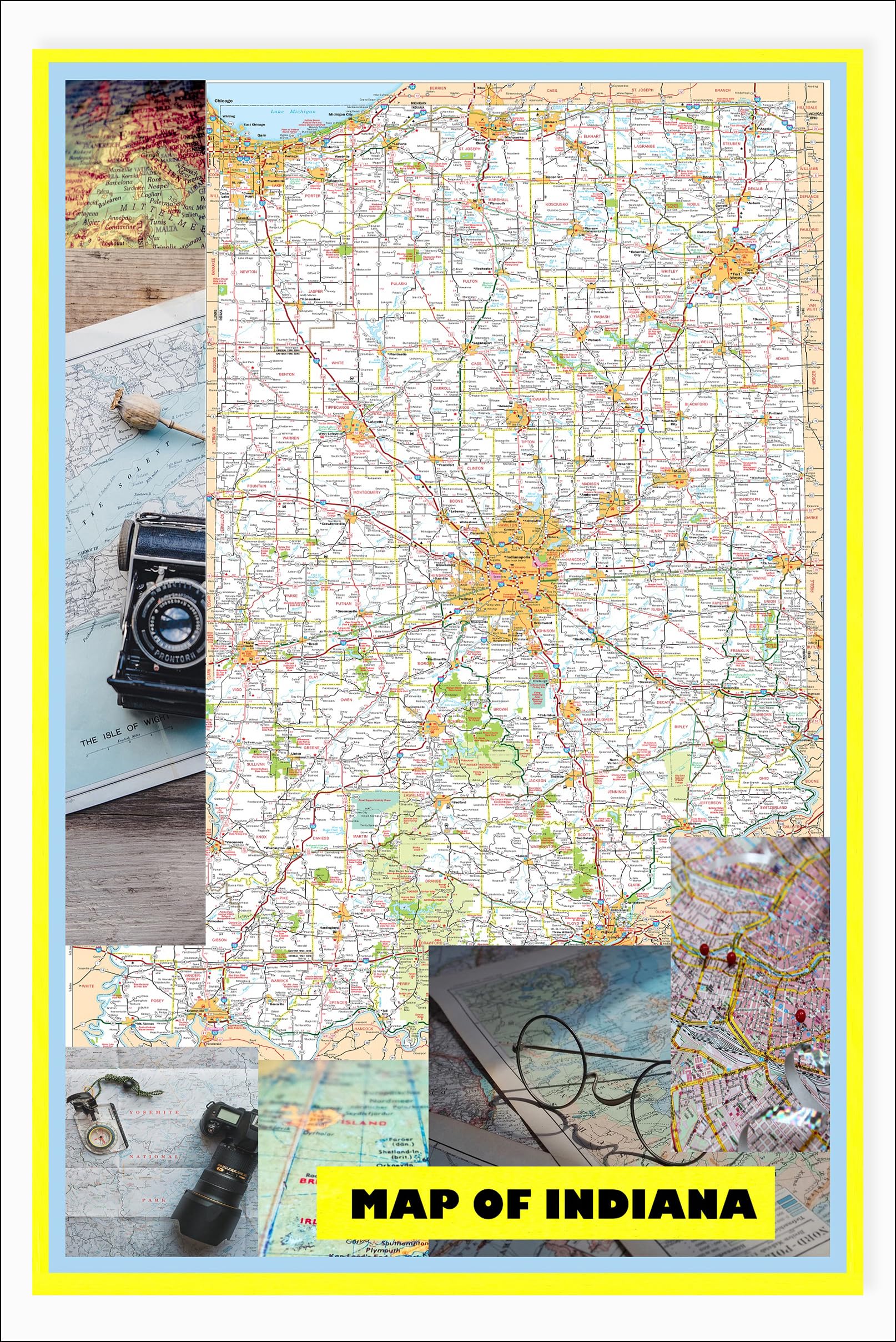 18x24 - Map of Indiana Large Detailed Roads and Highways, Map of Indiana State with All Cities, Parks and Landmarks - Laminated Wall Map Poster Print