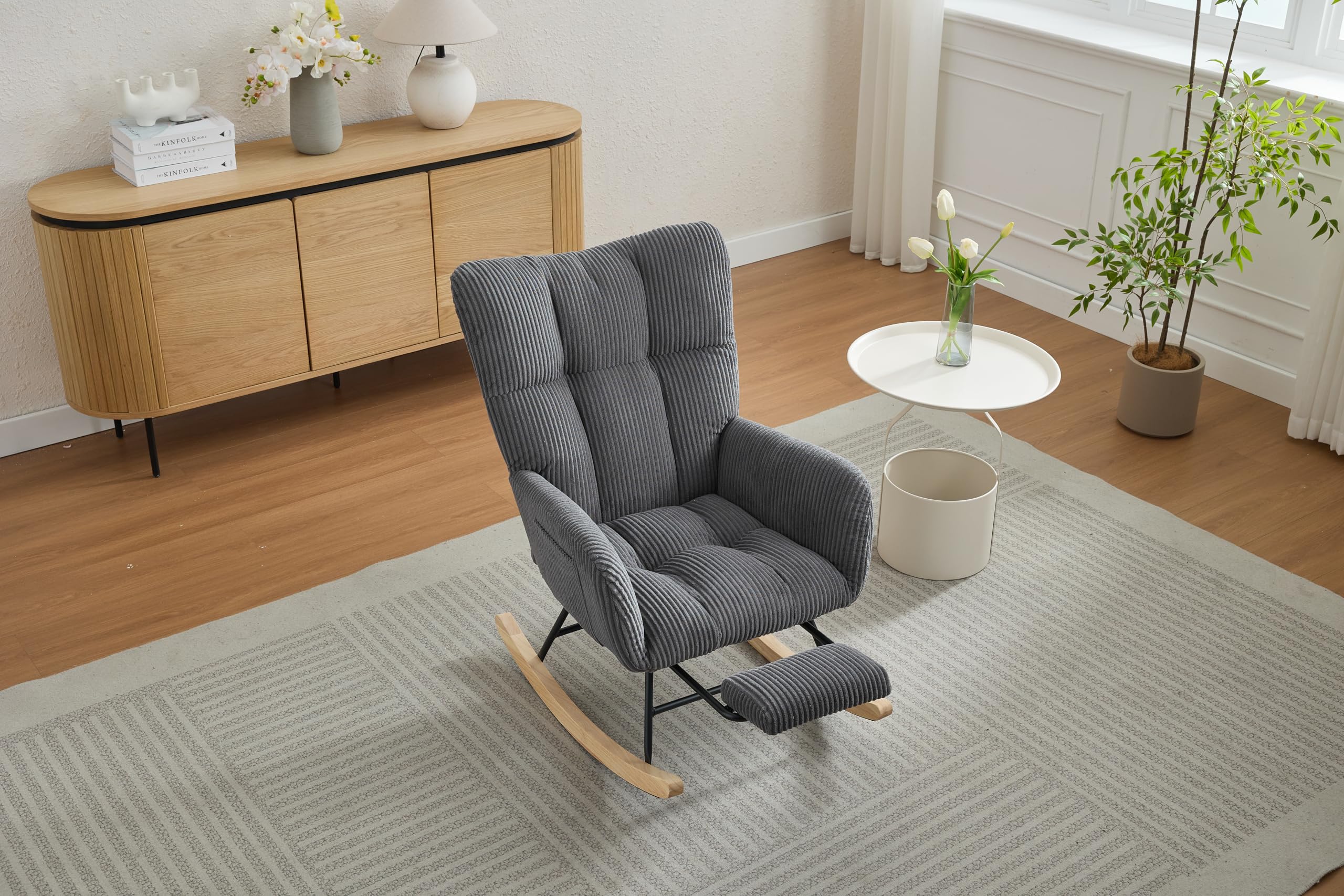 Rocking Chair with Foot Rest, Teddy Fabric Upholstered Glider Chairs with High Backrest and Solid Wood Legs, Rocker Accent Armchair for Nursery, Bedroom, Living Room, Office (Dark Gray)
