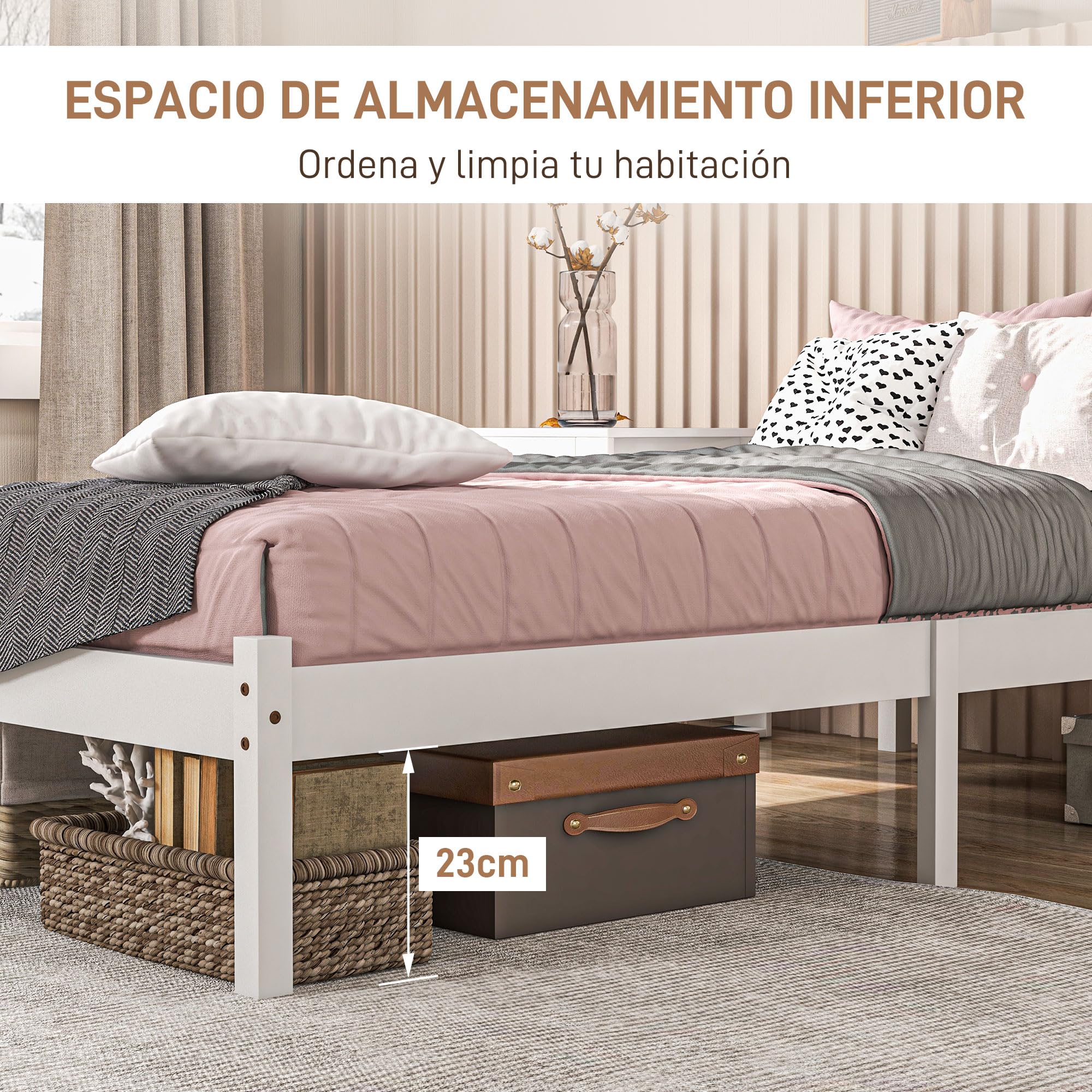 HOMCOM Marco de Cama de Madera Somier con Cabecera 198x96x70 cm Blanco