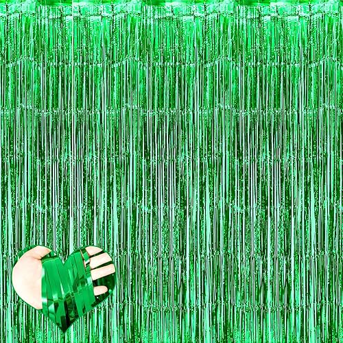 Paquete de 4 cortinas de flecos verdes de fondo, 3.2 pies x 9.8 pies de serpentinas de flecos de papel metálico para fondo de cabina de fotos,