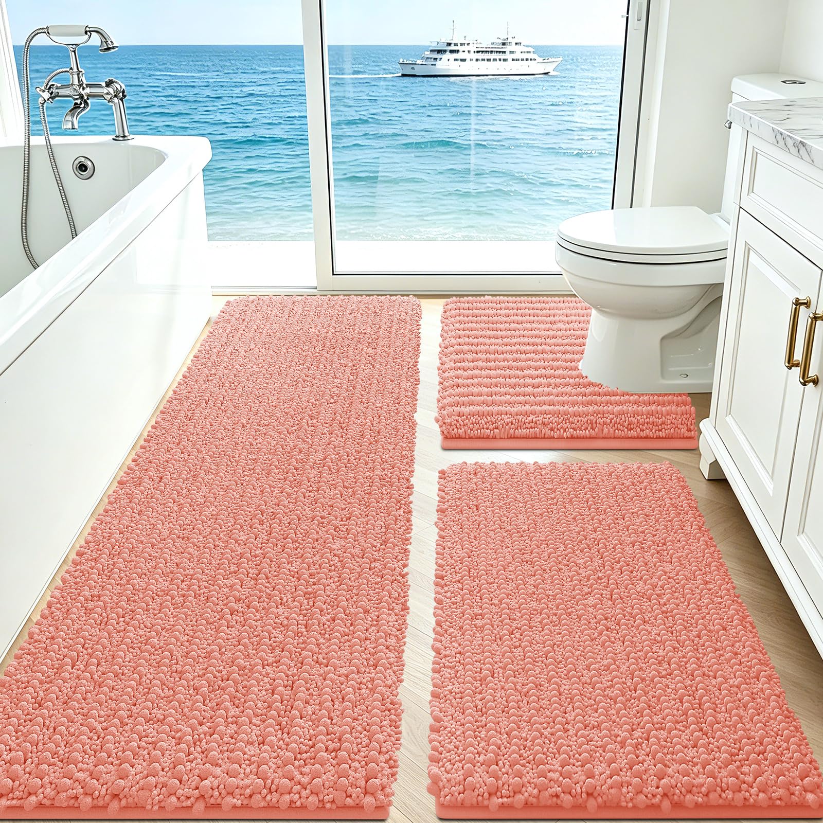 ACCUMTEK Upgrade Extra Large Coral Bathroom Rug Set 3 Pieces Ultra Soft, Thick Absorbent Bath Mats, Non Slip Chenille Toilet Mat for Bathroom, Bedroom, Kitchen