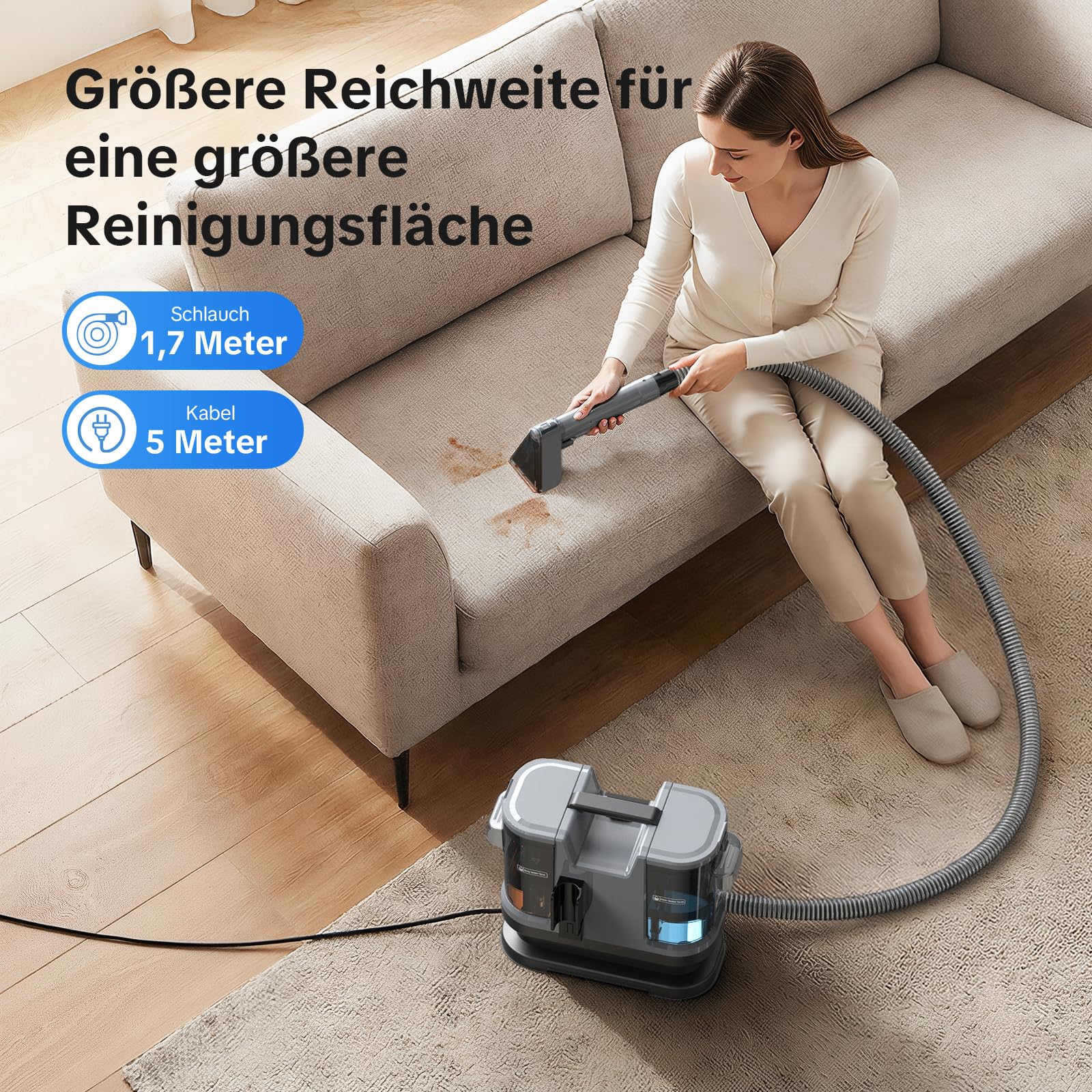 Lubluelu Nasssauger Polsterreiniger Gerät, 600 W - 15 kPa Teppichreiniger Waschsauger, tragbares Teppich-Reinigungsgerät mit Selbstreinigung und langem Schlauch für Teppiche, Sofas & Auto-Innenräume