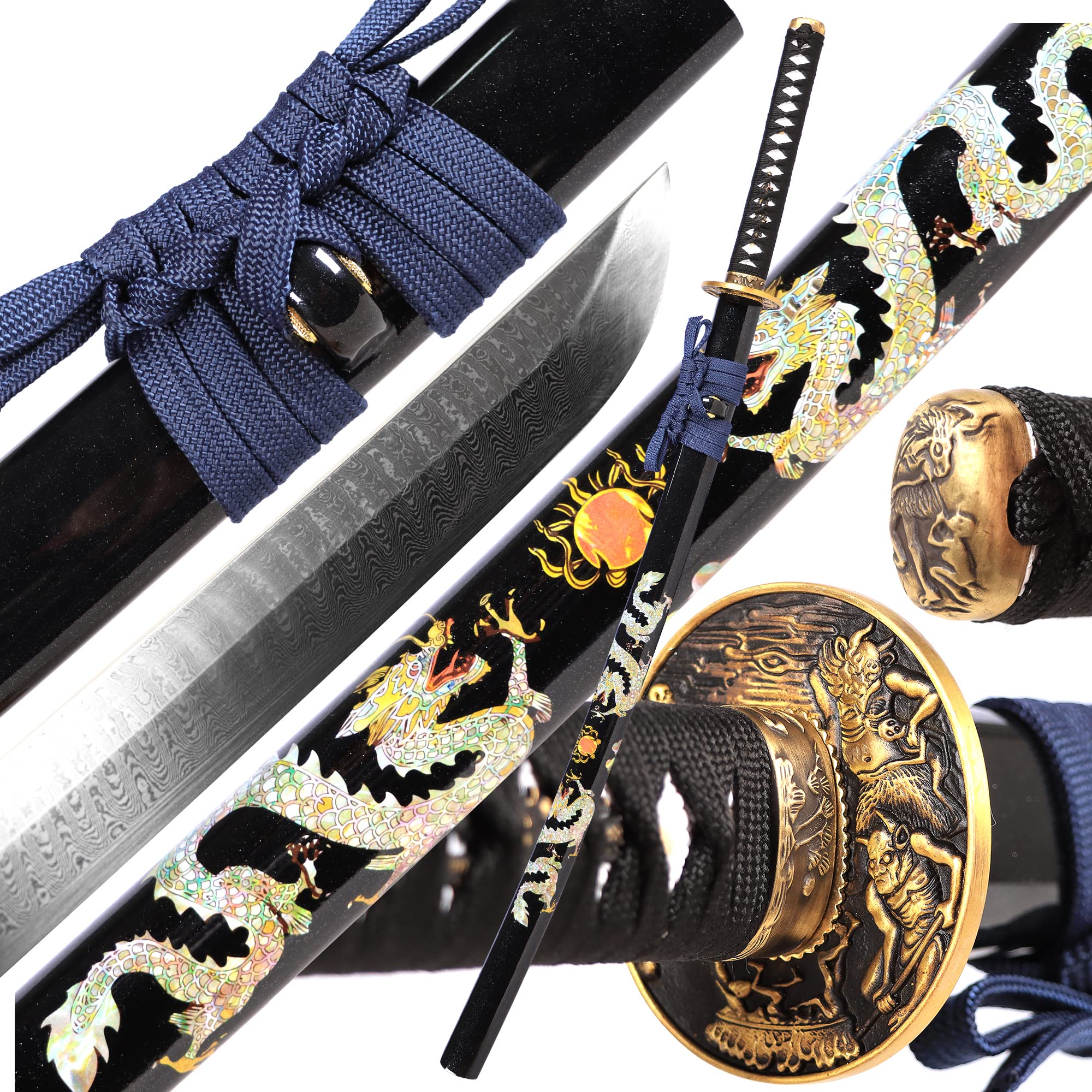 Pnber Katana Sword Real Damascus Knife High Hardness Razor Sharp Battle Ready Sword Full Tang Samurai Sword Damascus Folding Steel