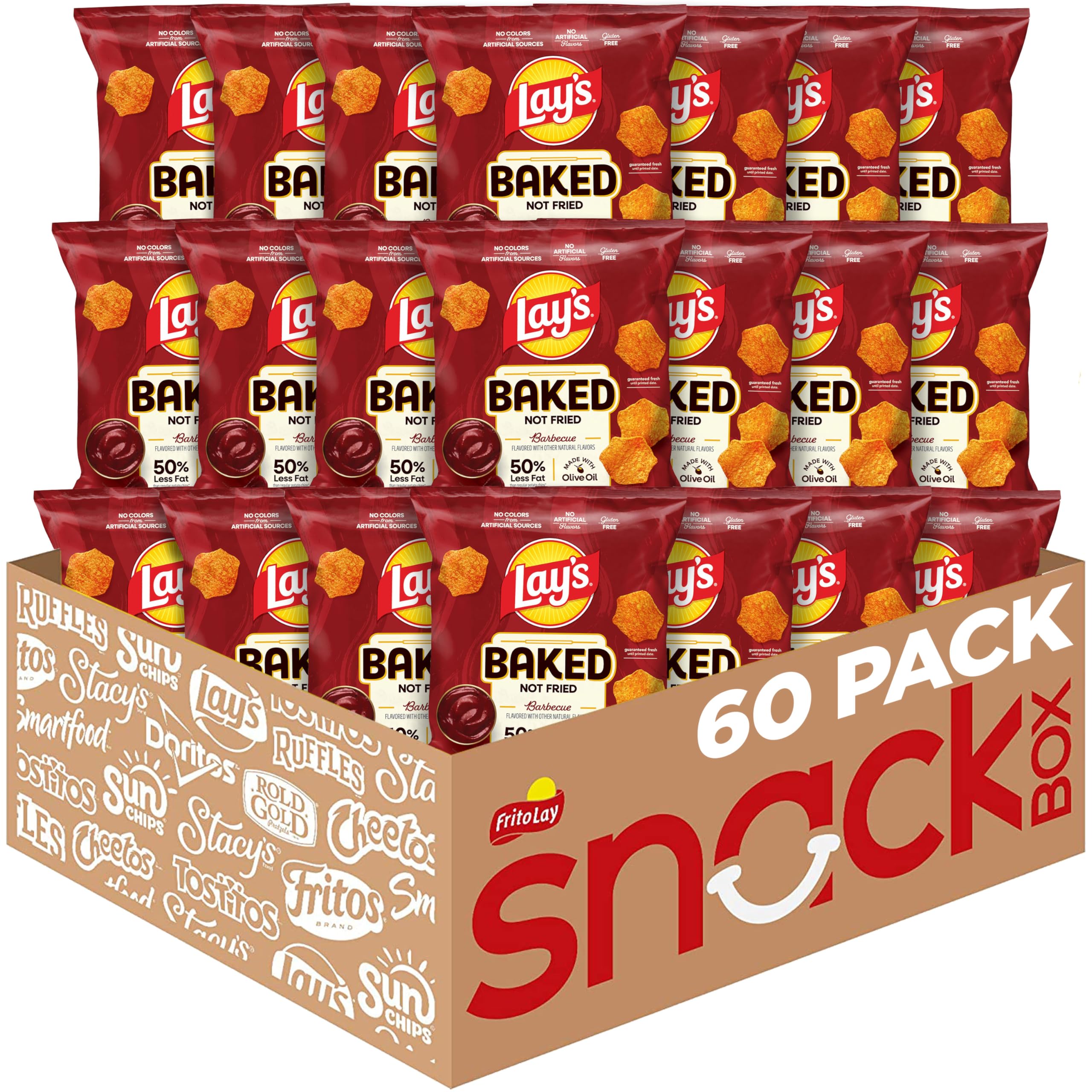 Baked Lay’s Potato Chips, Barbecue, 0.875 oz Bags, (60 Pack), 50% Less Fat, Gluten Free, No Artificial Flavors, No Colors from Artificial Sources