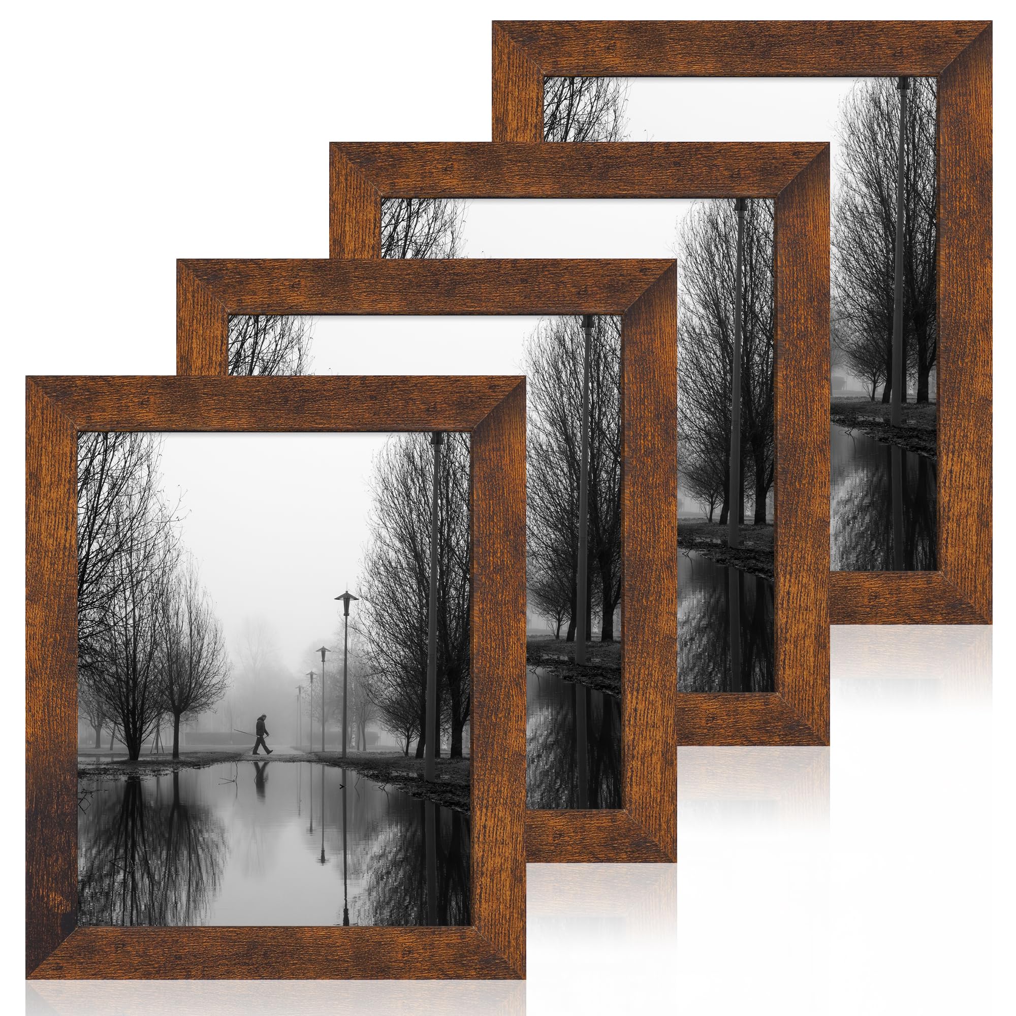 iRahmen 8x10 Picture Frame Set of 4, High Definition Glass 8 x 10 Frame, Wood Rustic Photo Frames for Horizontal or Vertical Display Tabletop and Wall Mounting, Dark Brown