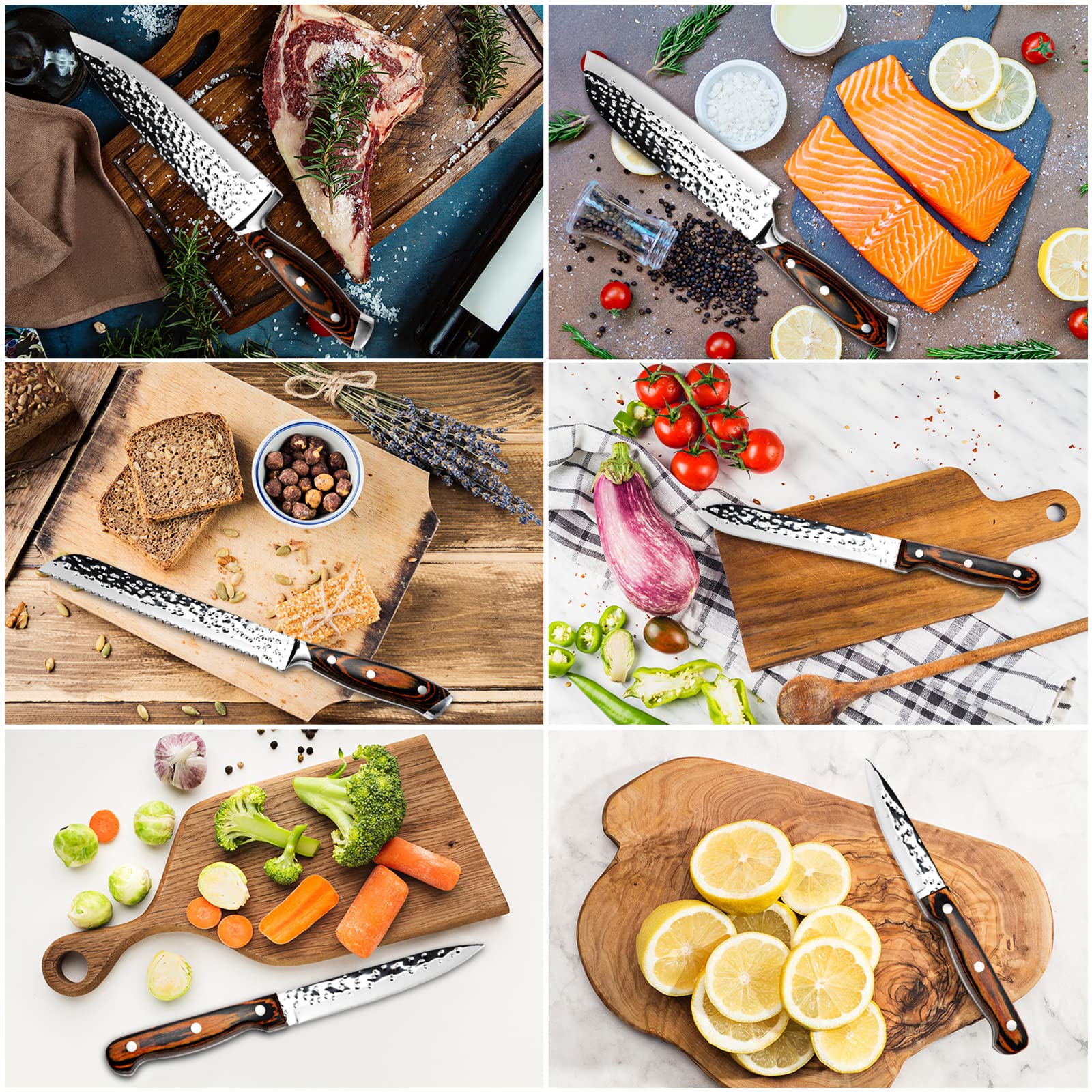 Juego de 15 cuchillos con bloque de madera, autoafilables para cuchillos de chef, de acero inoxidable martillado con alto contenido de carbono con cuchillos de carne (rojo)
