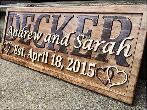 Personalized Wedding Gift Last Name Established Sign Family Name Signs Custom Wood Sign Carved Wooden Sign 3D Hearts 5 Year Anniversary Gift