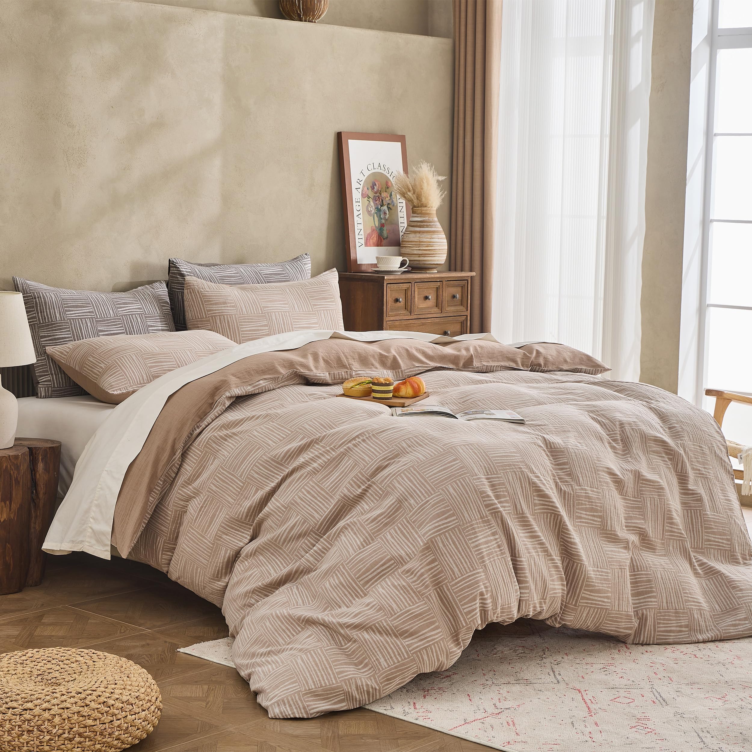 Parure de lit à carreaux kaki en coton pour une ambiance de chambre cosy et chaleureuse