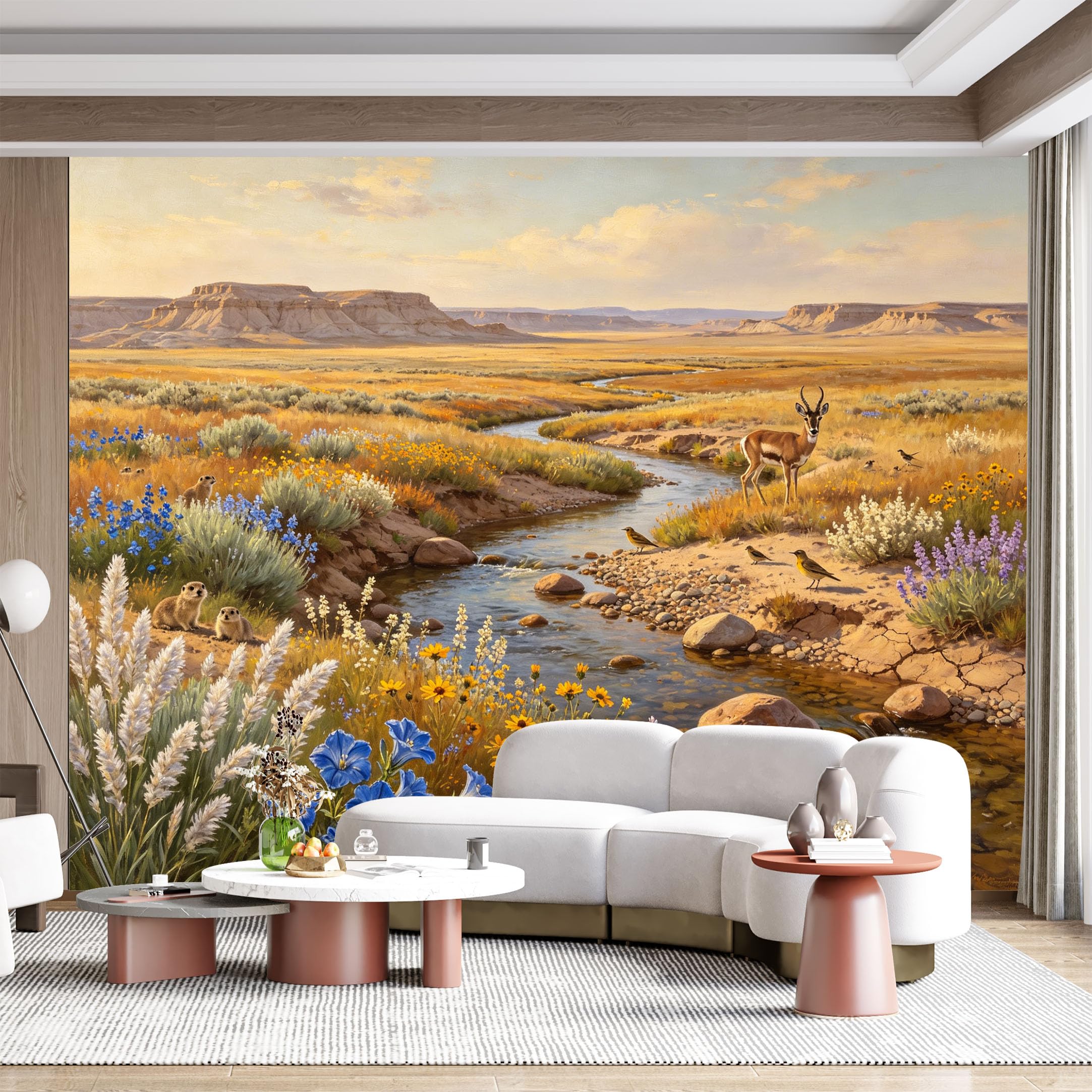 Custom Size Wall Mural Western Landscape Wildlife Stream Floral Oil Painting SelfAdhesive Wall Fabric Removable for Home Office Decor